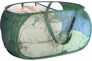 XIAYAN collapsible Mesh Popup laundry basket，2 Compartments-Laundry Hamper with Strong Handles ，Easy to Open and Fold for Dorm, Laundry Room, Bedroom, RV (Green)…
