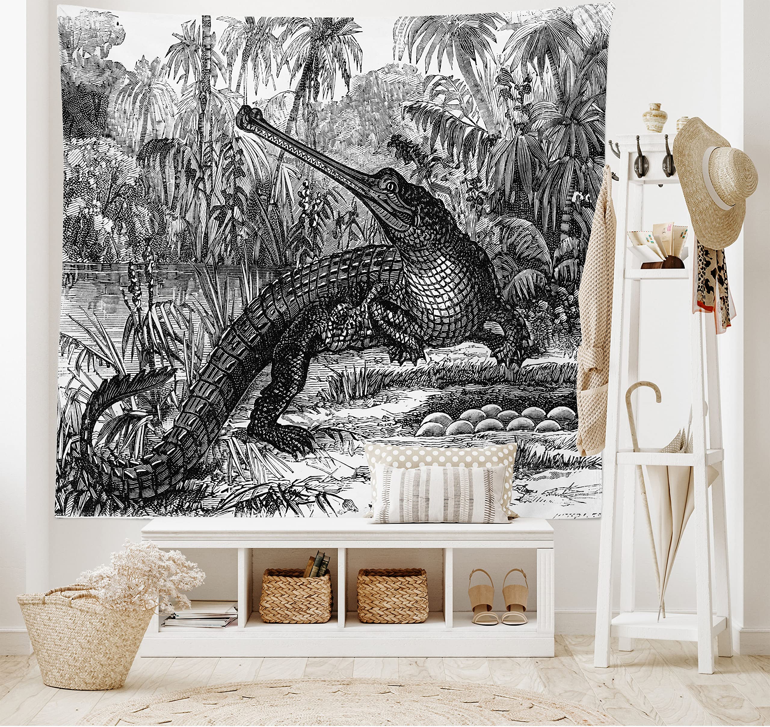 ABAKUHAUS Vintage Tapestry, Old Fashion Sketch of a Crocodile in Forest Wildlife Nature Woods Fossil Picture, Fabric Wall Hanging Decor for Bedroom Living Room Dorm, 230 x 140 cm, Anthracite Grey