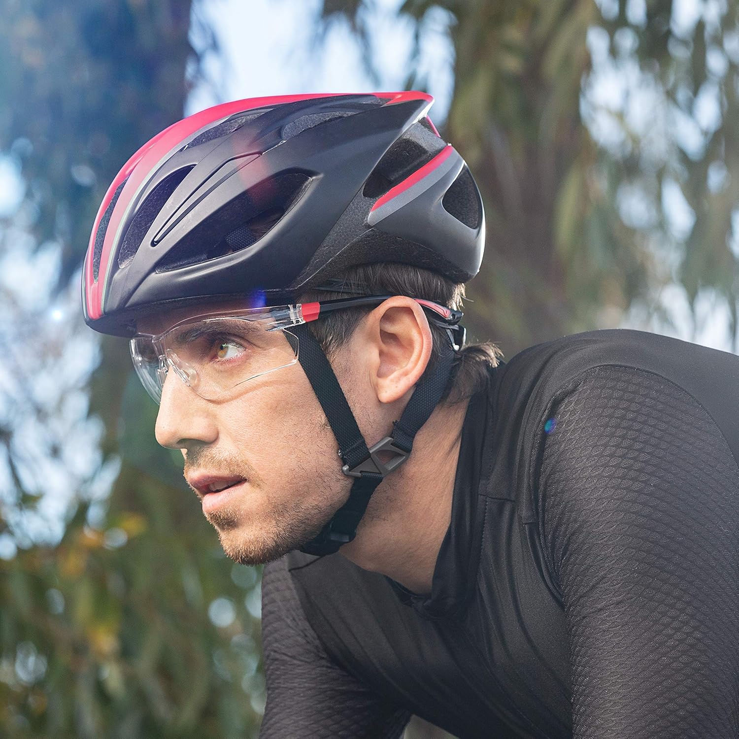 NoCry Safety Glasses with Clear Anti Fog Scratch Resistant Wrap-Around Lenses and Non-Slip Grips, UV Protection. Adjustable, Black & Red Frames - - 