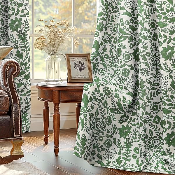 DRIFTAWAY JULIA 100% BLACKOUT LINEN CURTAINS FOR BEDROOM GREEN FLORAL WATERCOLOR PATTERN DOUBLE LAYER THERMAL INSULATED SOUND REDUCING DRAPE FOR LIVING ROOM GROMMET 2 PANELS EACH W52 X L96 LINEN GREEN
