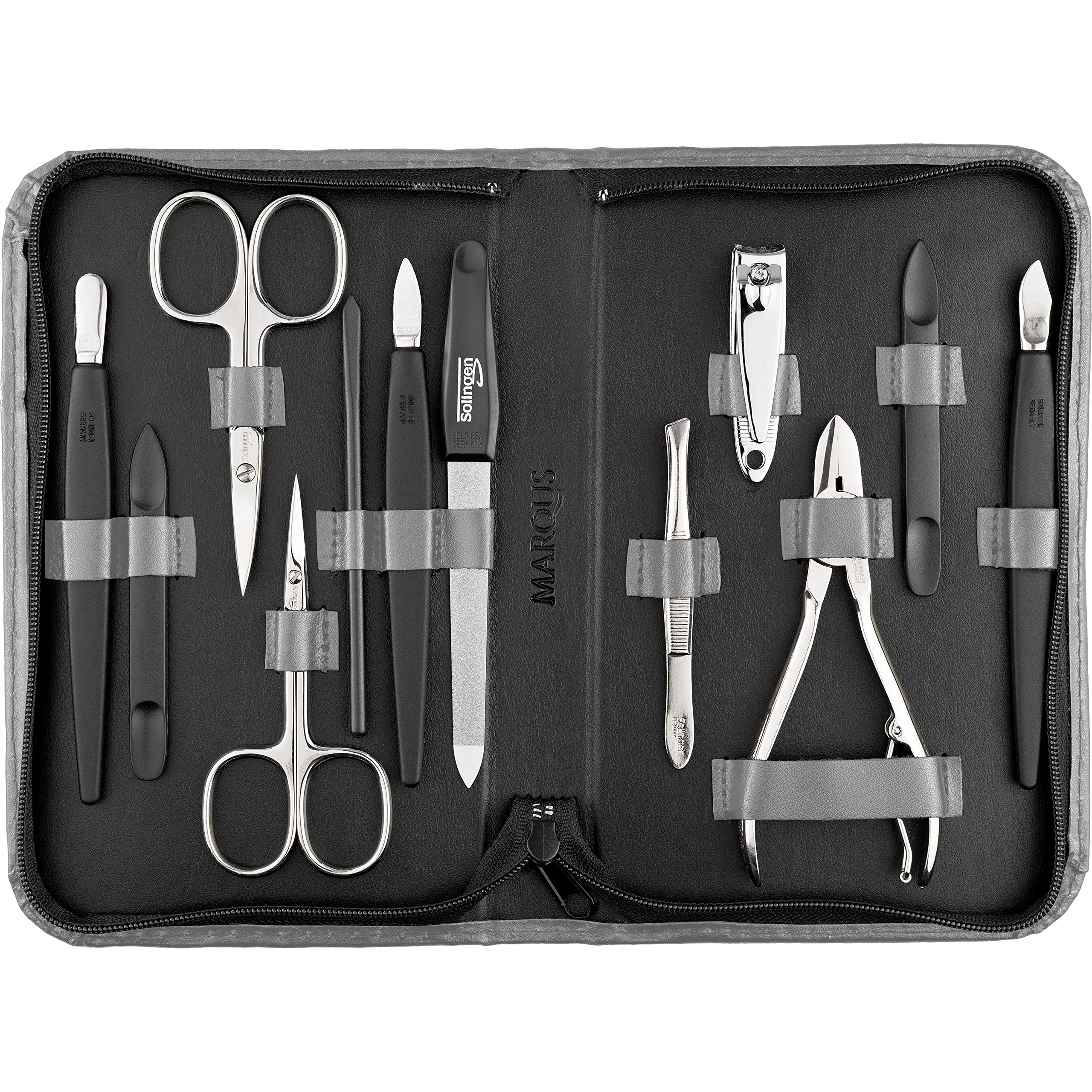 Solingen Manicure Set for Women and Men - 12-Piece Professional Pedicure Kit - Presented in a Genuine Leather Case - Perfect for Travel, as a Gift, or for Home Use, Grey