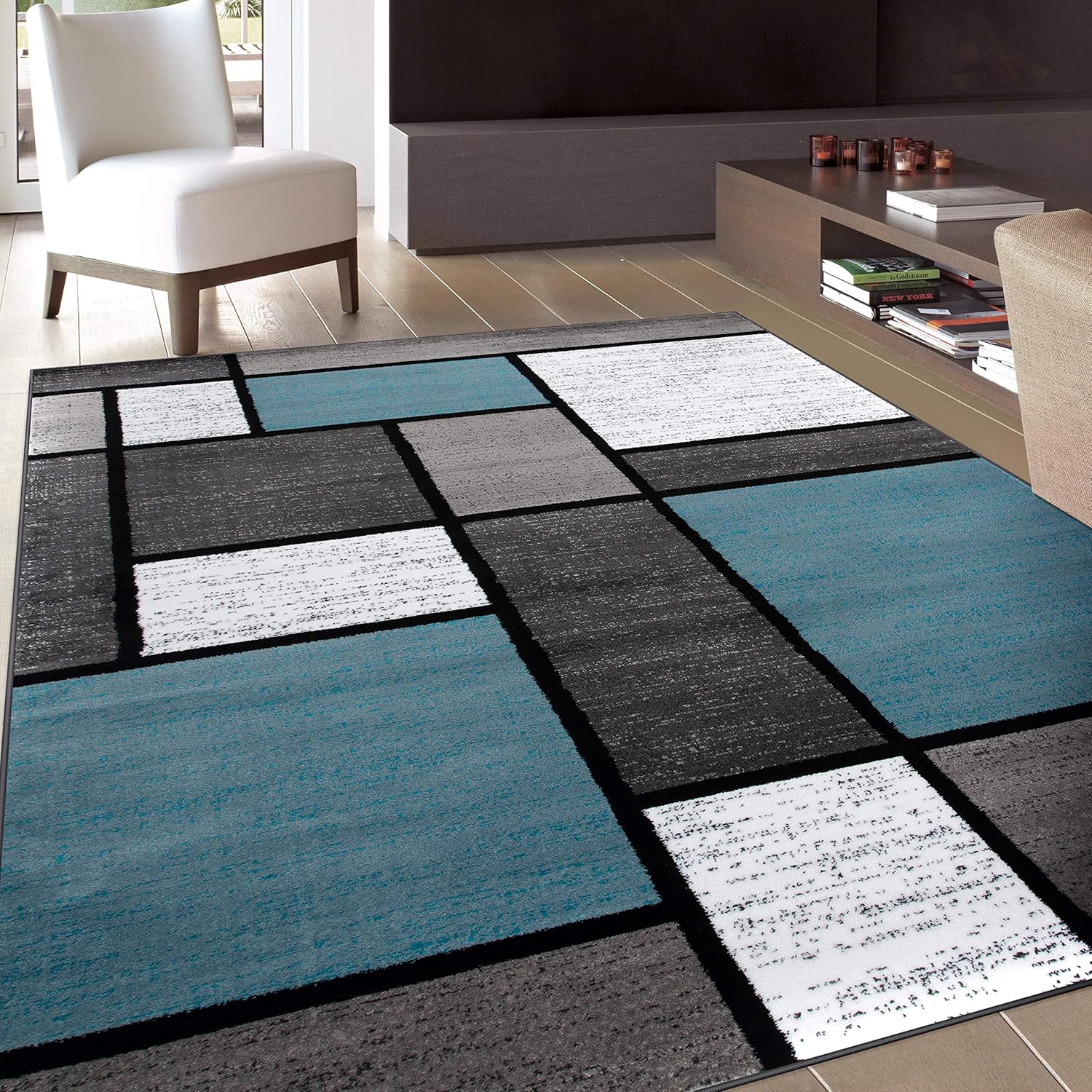 Amazon Com Contemporary Modern Boxes Area Rug 5 3 X 7 3 Blue