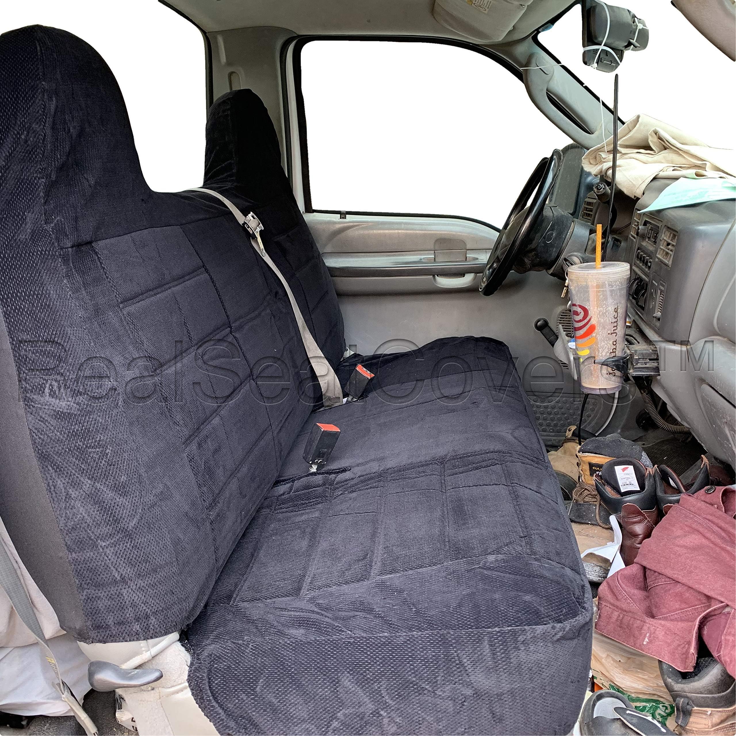 for Front Solid Bench Thick F23 Molded Headrest Belt Cutout Exact Fit Seat Cover for Ford F150 F250 F350 F-Series 1992-2010 (Black)