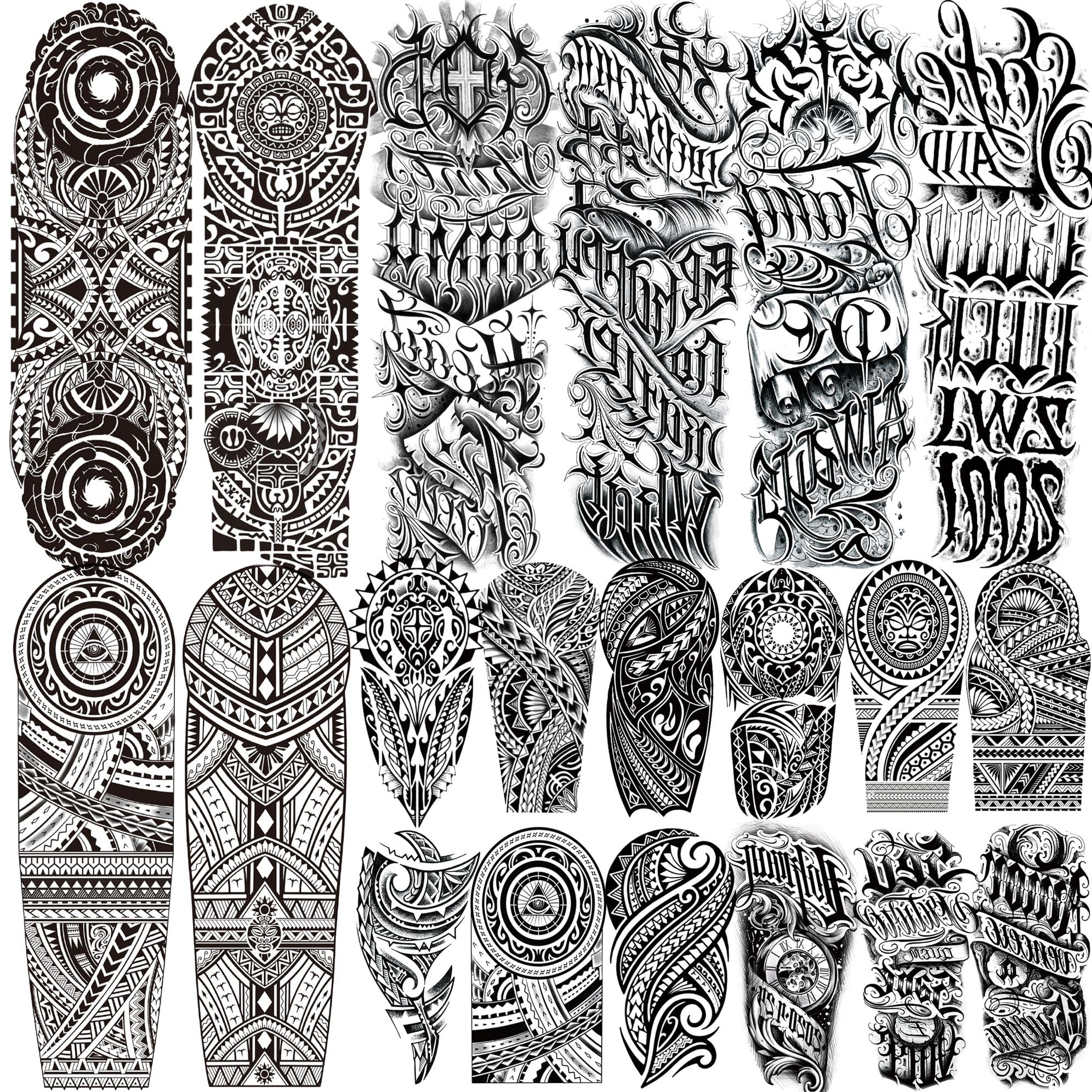 Photo 1 of 20 Sheets Maori Extra Large Full Arm Temporary Tattoos For Men Adults, 8 Sheets God Totem Armband Fake Sleeve Tattoos For Women, Long Lasting Temp Bulk Tribal Halloween Black Letter Tattoo Stickers