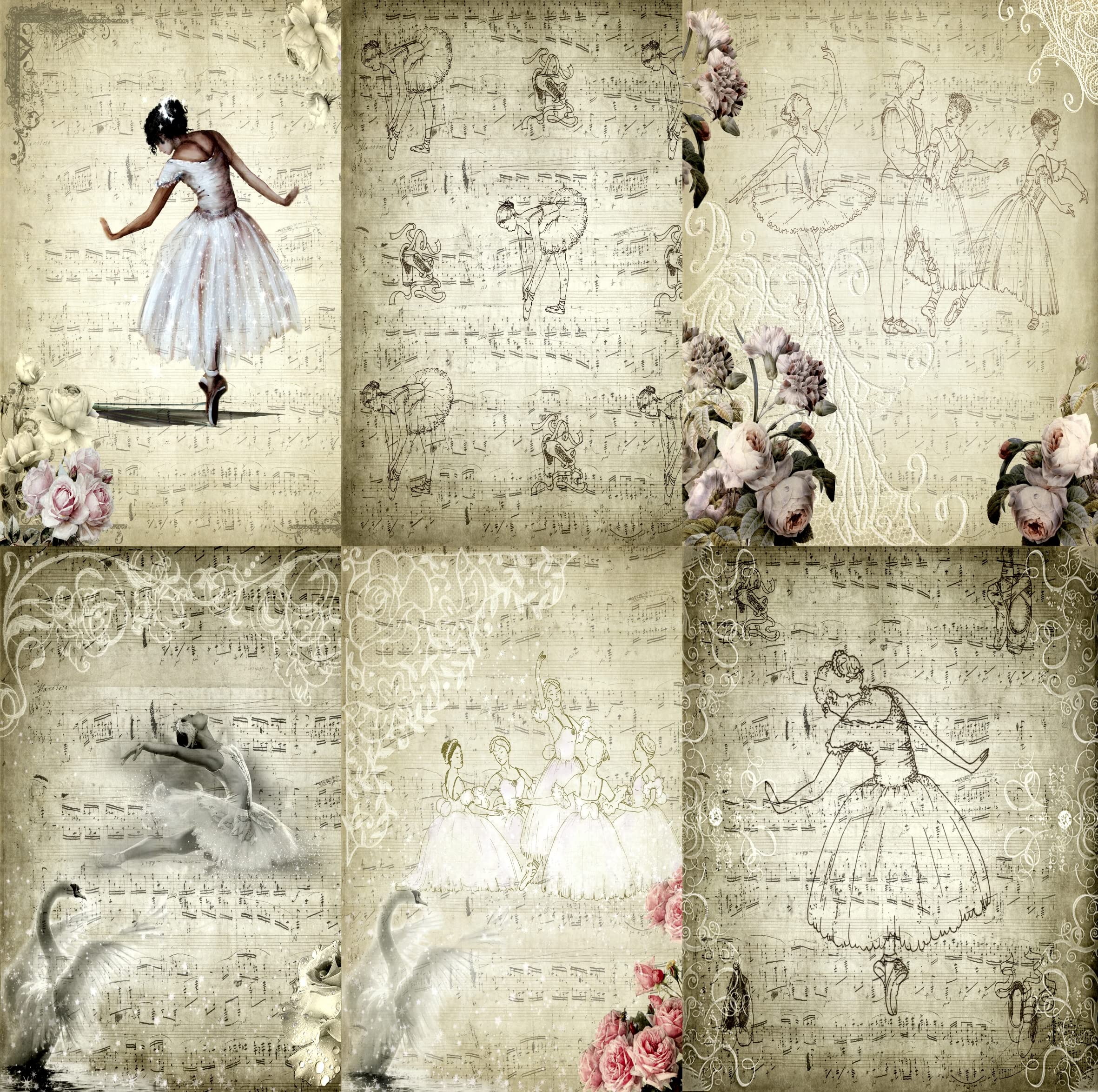 Ballet Background Mulberry Rice Paper, 20.5 x 26.5cm - 6 x Different Printed Mulberry Paper Images 30gsm Visible Fibres for Decoupage Crafts Mixed Media Collage Art