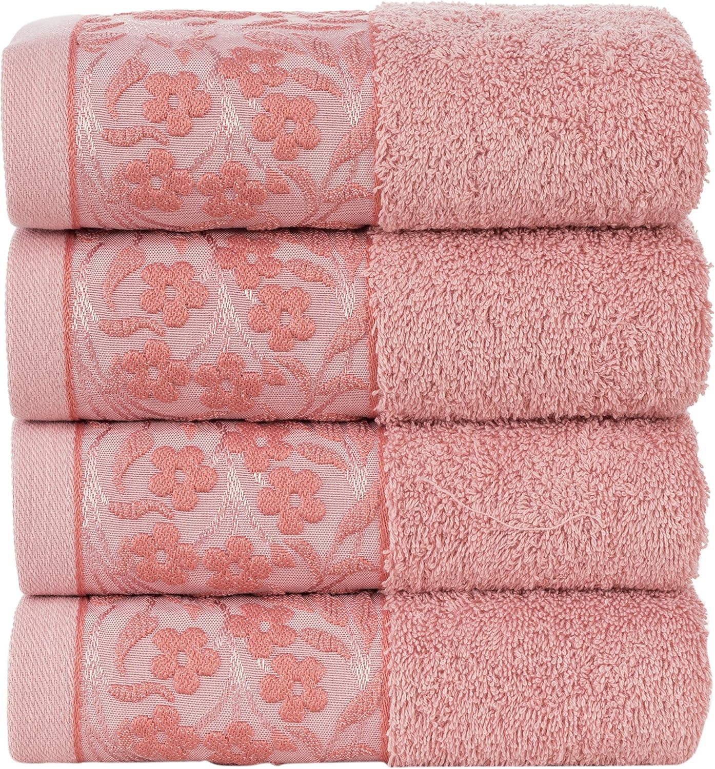 [4-Pack] HYGGE Large Luxury Turkish Cotton Towel Set Soft Plush Kitchen Bathroom Hotel & Spa Decor Hand Towels with Decorative Floral Pattern 19" x 32" (Flamingo Pink): Kitchen & Dining