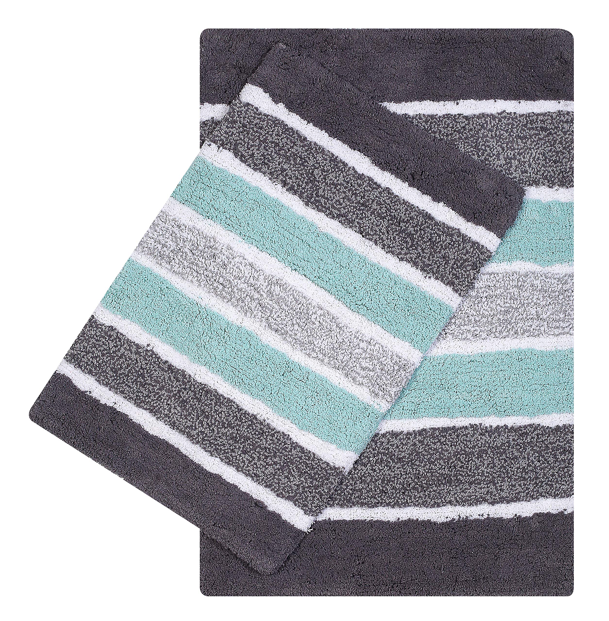 Ramanta Home Quilted Stripe Bath Mat Set of 2 - Grey/Aqua, Non Slip Absorbent Bathroom Rug 53x81, 43x61 CM (21x32, 17x24 Inches) Machine Washable 100% Cotton Luxury Soft Shower Rugs