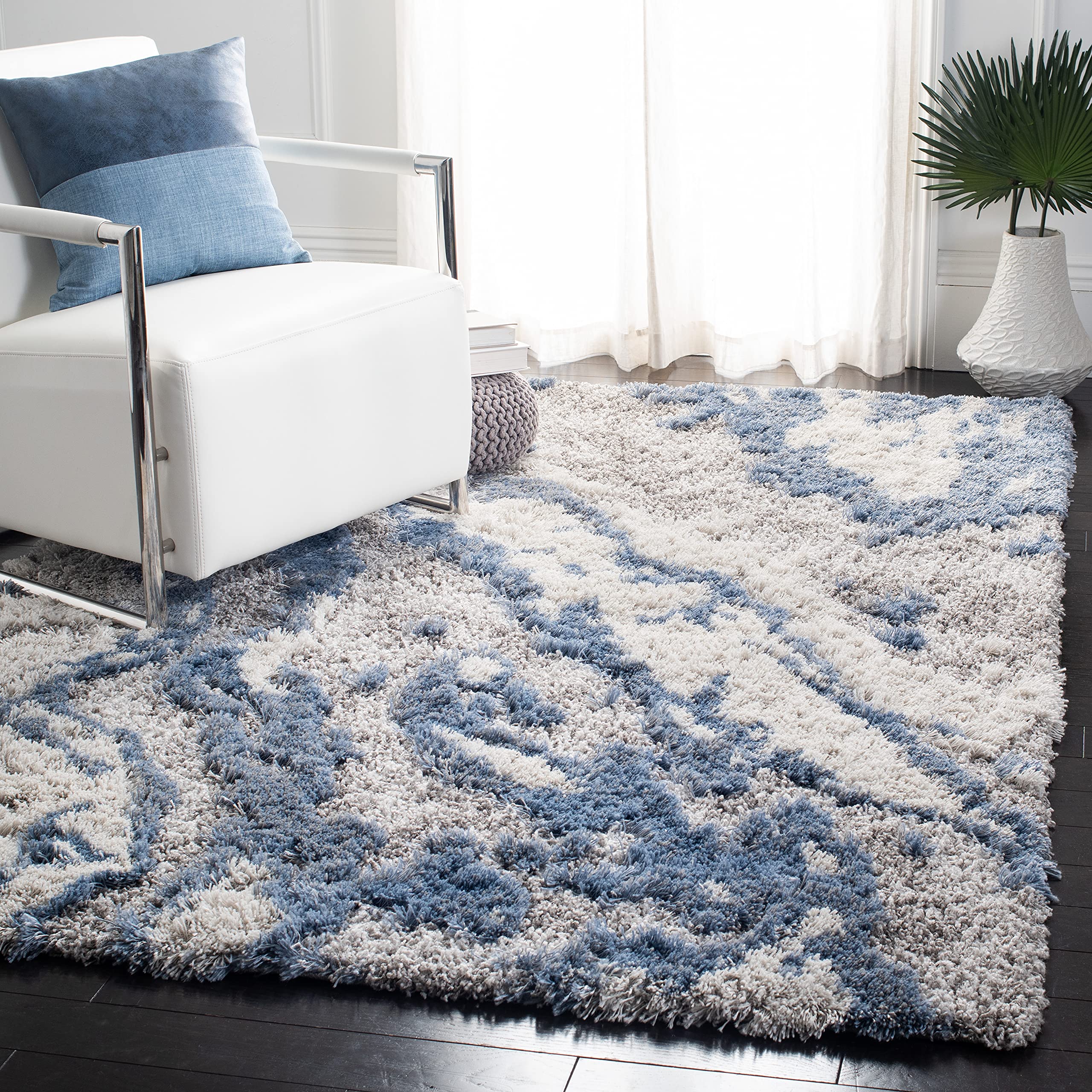 SAFAVIEH Horizon Shag Collection X-Large Area Rug - 11' x 15', Grey & Blue, Abstract Design, Non-Shedding & Easy Care, 2-inch Thick Ideal for High Traffic Areas in Living Room, Bedroom (HZN890G) Image