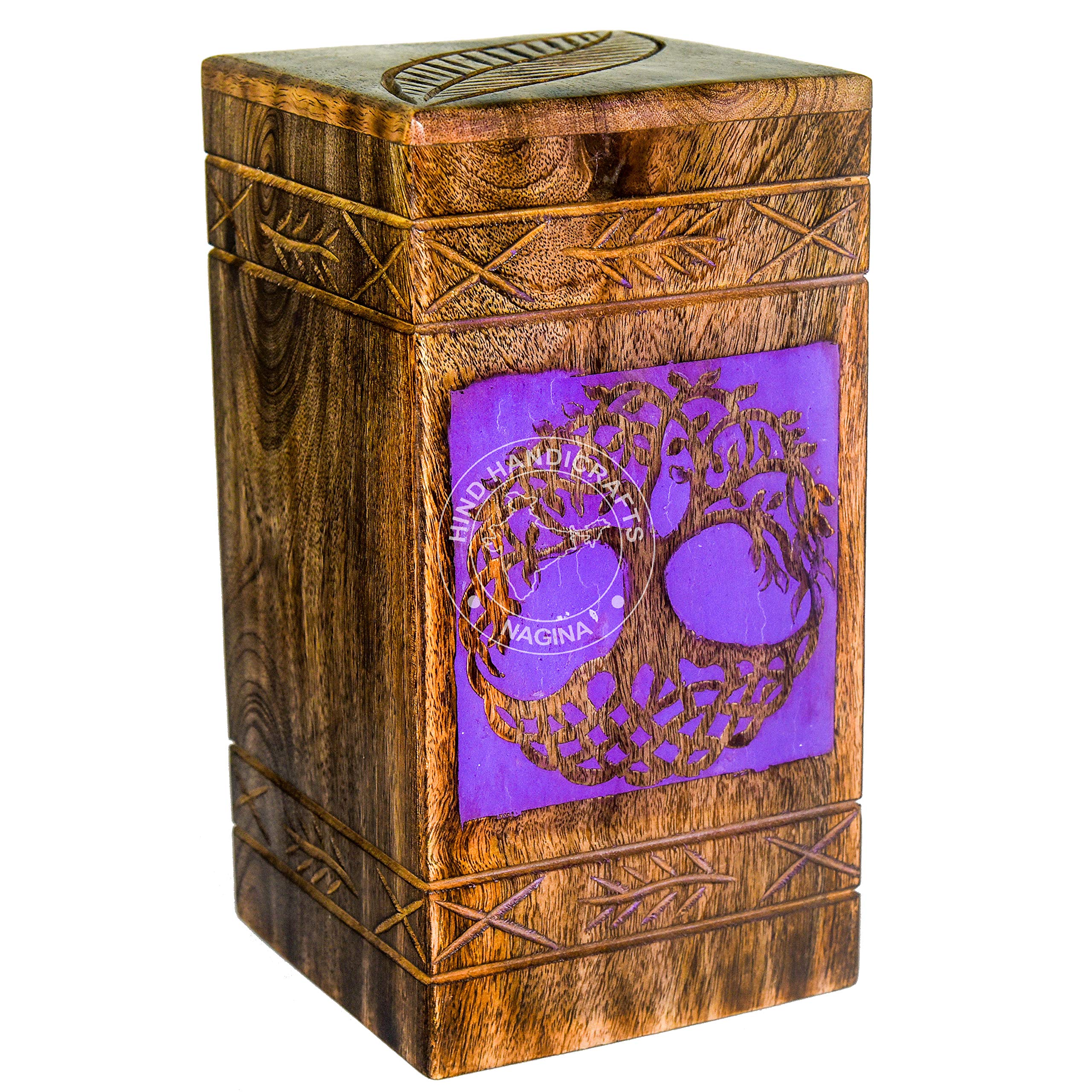 Hind Handicrafts Tree of Life Wooden Cremation Urn – Rosewood Burial Box – 250 Cu in Memorial Urn for Human Ashes with Secure Screw Closure (Purple)