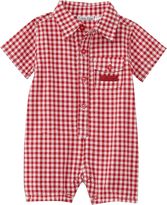 Calvin Klein BabyBoys Newborn Woven Shirt Check Collar Romper, Red, 69 Months
