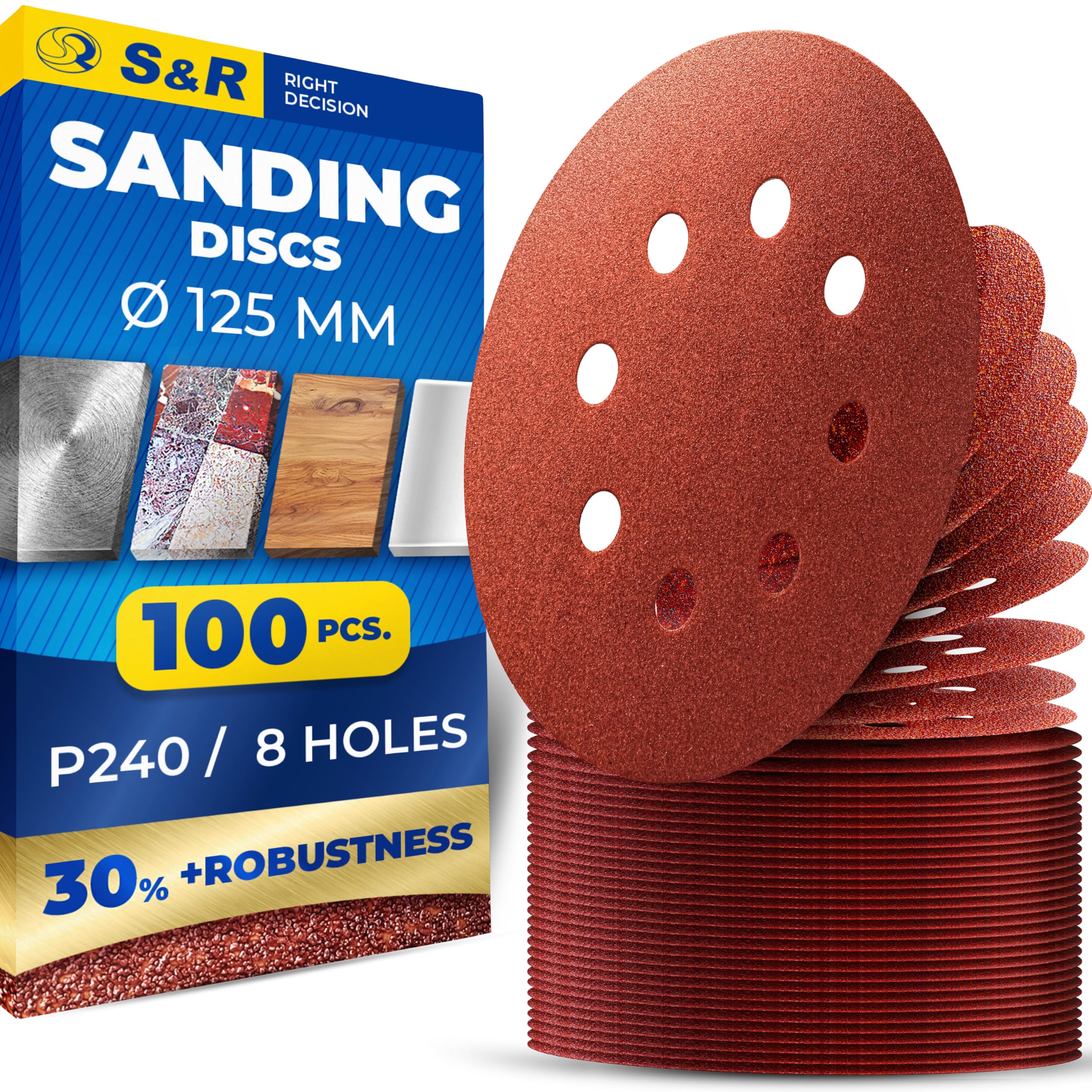 S&R Klett Schleifpapier Set 125 mm, Meister, 8 Löcher, 100 St. in Körnung P240, Schleifblätter, Schleifscheiben für Exzenterschleifer, Klettschleifpapier, zuverlässige Haftung am Schleifteller — image 1