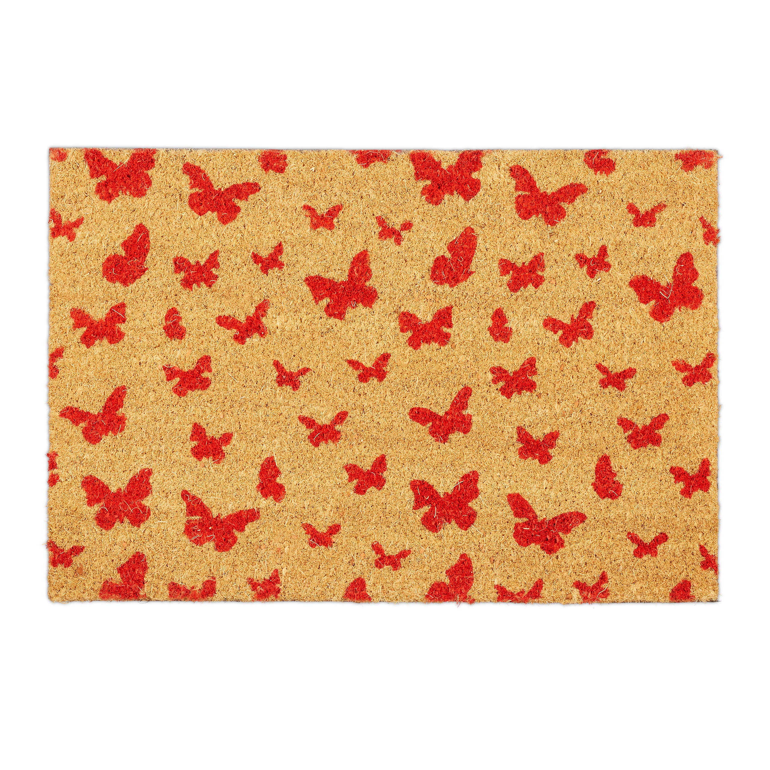 Relaxdays Butterfly Pattern Welcome Doormat Coir, 40 x 60 cm, Door Mat Inside & Outside, Non-Slip Shoe Wiper, Brown/Red