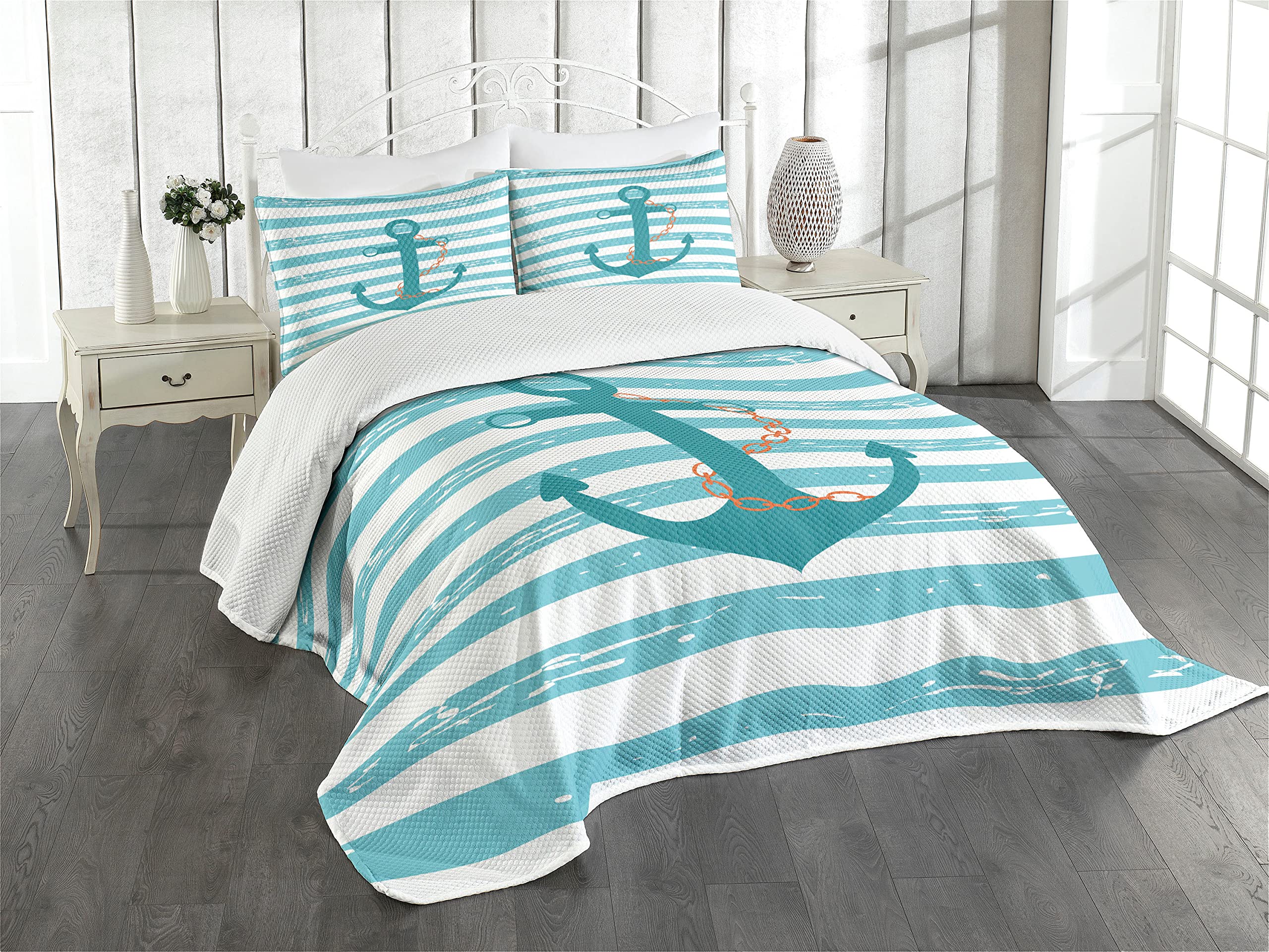 ABAKUHAUS Teal Bedspread Set, Ship Anchor Marine Life, Decorative Quilted 3 Piece Coverlet Set with 2 Pillow Shams, Teal Turquoise