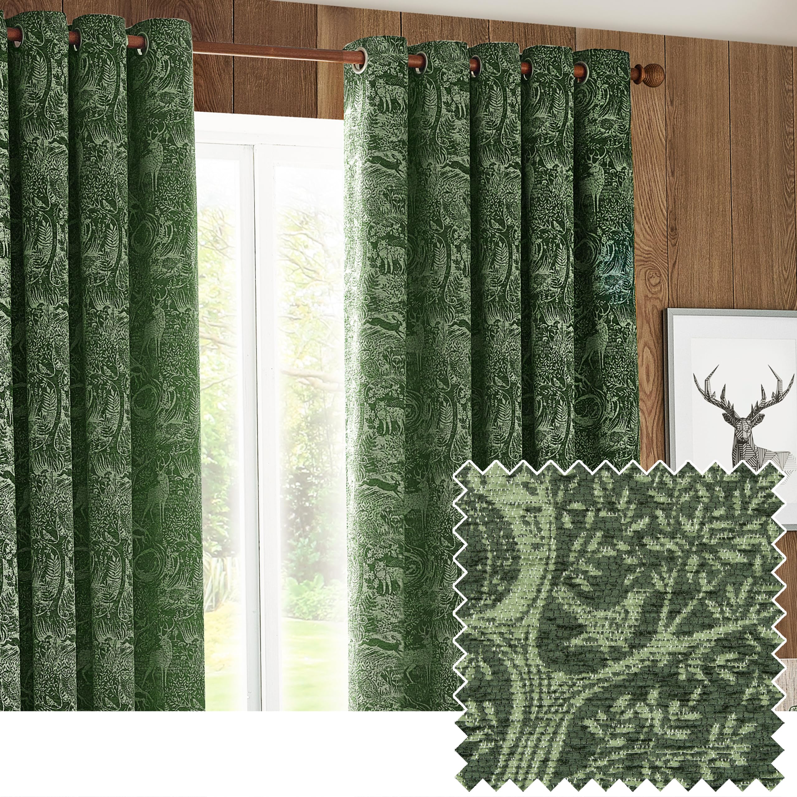 furn. Winter Woods Chenille Room Darkening Eyelet Curtains – Woodland Animals Pattern (Emerald - Width x Drop: 229 x 137cm / 90 x 54, 2 Panels)