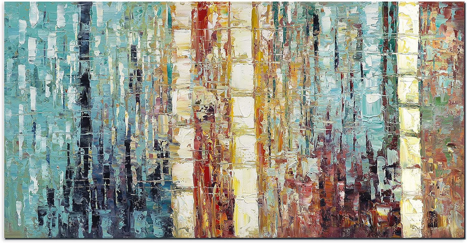 Paintings - Yuegit Paintings Large Abstract Wall Art for Living Room: Hand Painted Canvas Landscape Pictures for Bedroom Bathroom Wall Décor, Horizontal, Ready to Hang 24X48 inch