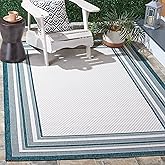 SAFAVIEH Washable Rug Outdoor Courtyard Collection - 6'7" x 9'6", Ivory & Teal, Non-Shedding & Easy Cleaning, Ideal for Patio