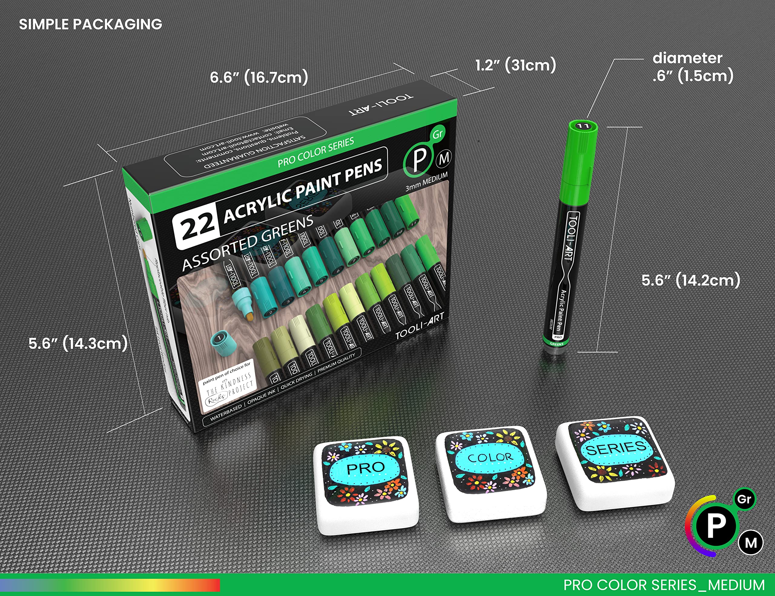 TOOLI-ART 22 Acrylic Paint Markers Paint Pens Pro Color Series Set 3mm Medium Tip for Rock Painting, Glass, Mugs, Wood, Metal, Glass Paint, Canvas, DIY. Non Toxic, Waterbased, Quick Drying (GREENS)