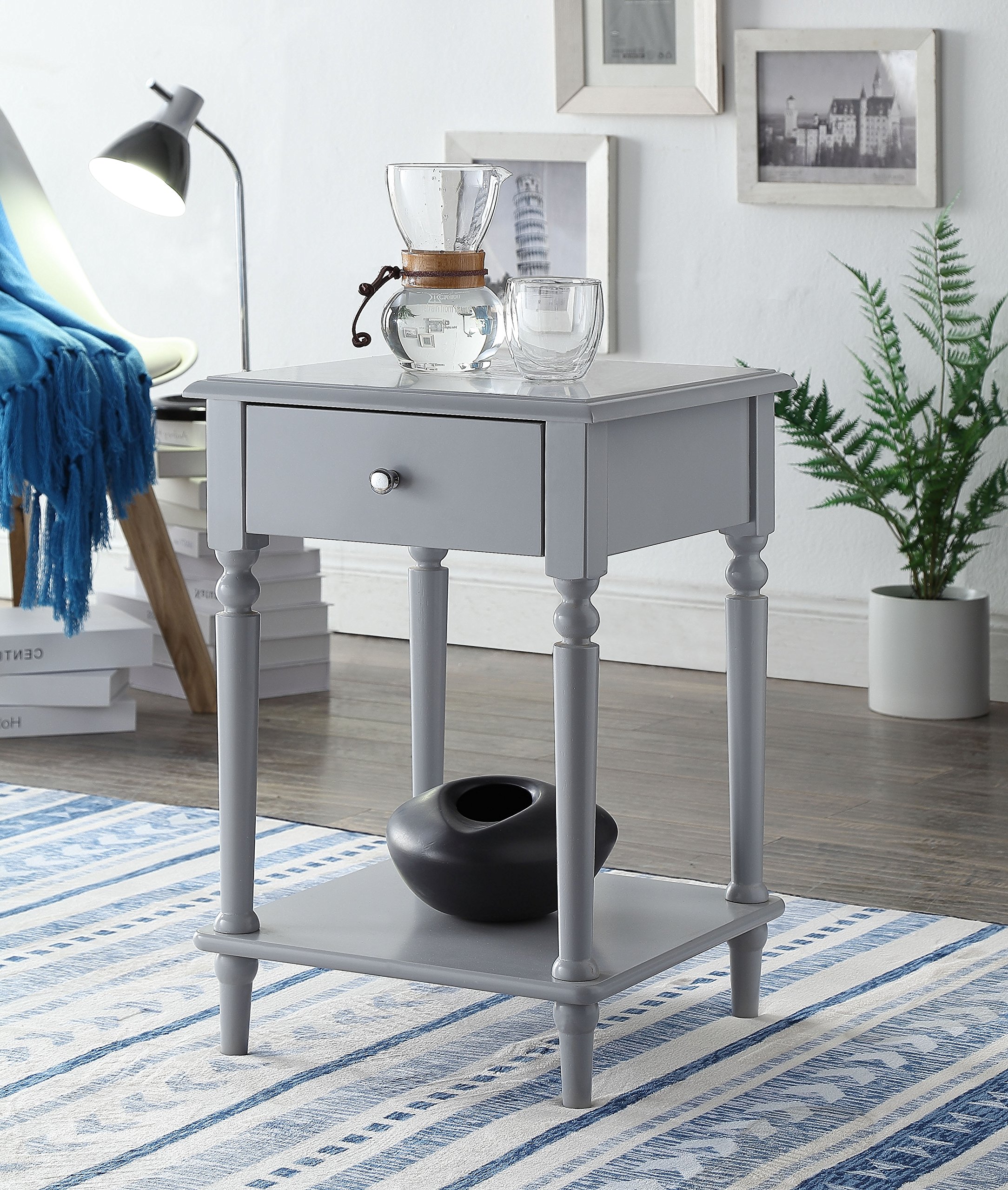 Grey Finish Wooden Turned Legs Nightstand Side End Table with Drawer by