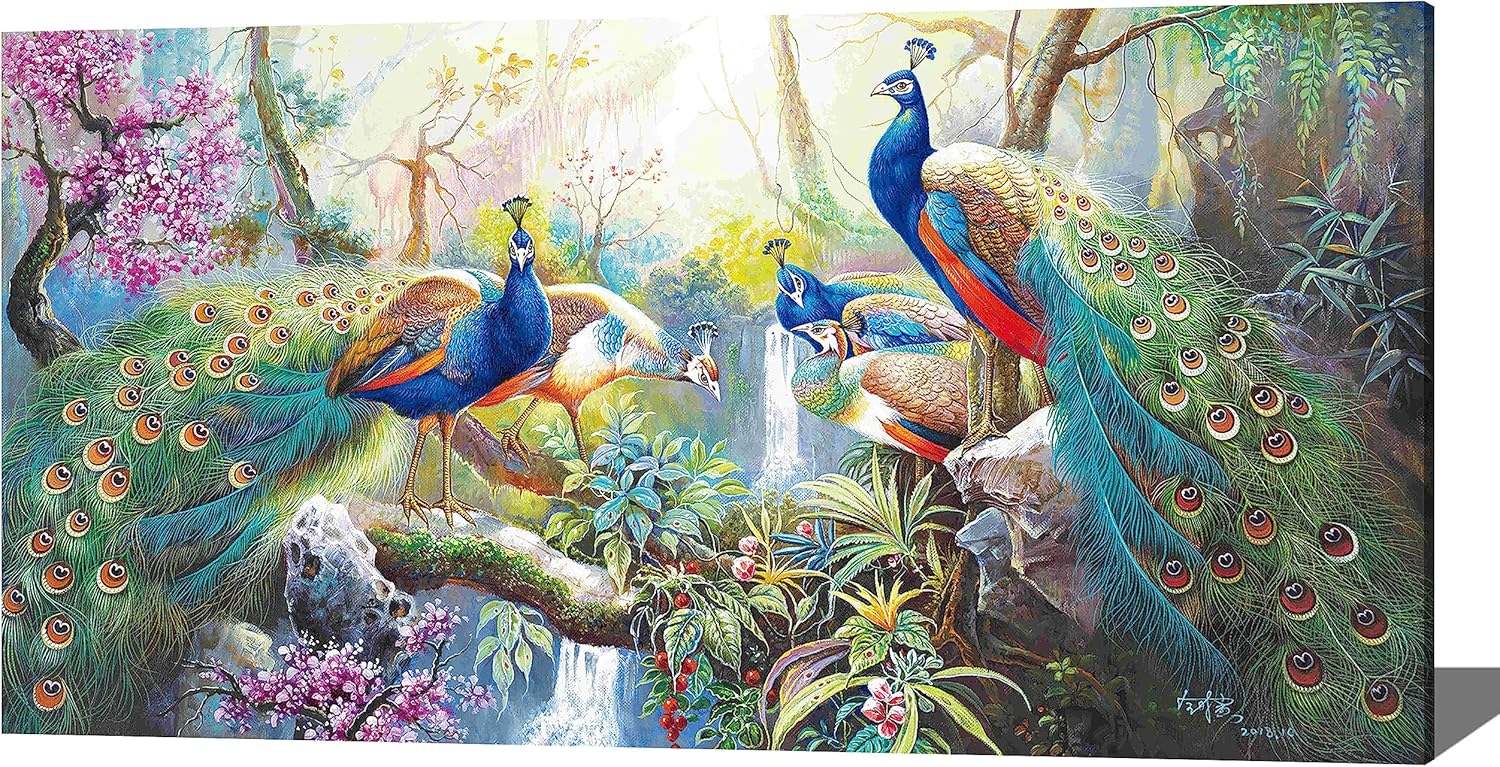 Paintings - EILIKESE Forest Peacocks waterfall Canvas Wall Art 3D Texture Hand Oil Paintings Home Decor Art Living Room Wall Decor Bedroom Office Ready to Hang (frame,16×32nch（40×80） cm)