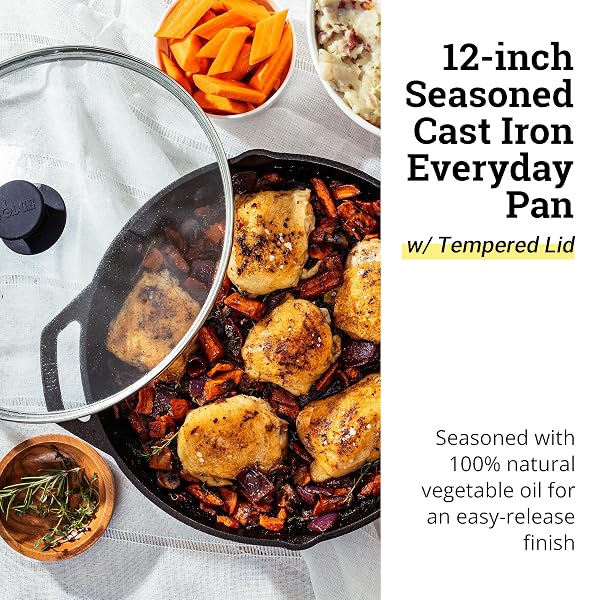 LODGE 12 INCH CAST IRON EVERYDAY PAN – CHEF COLLECTION – USE ON OVEN, STOVE, GRILL, OR FIRE – EASY TO CLEAN – CAST IRON PAN WITH LID – DURABLE COOKWARE