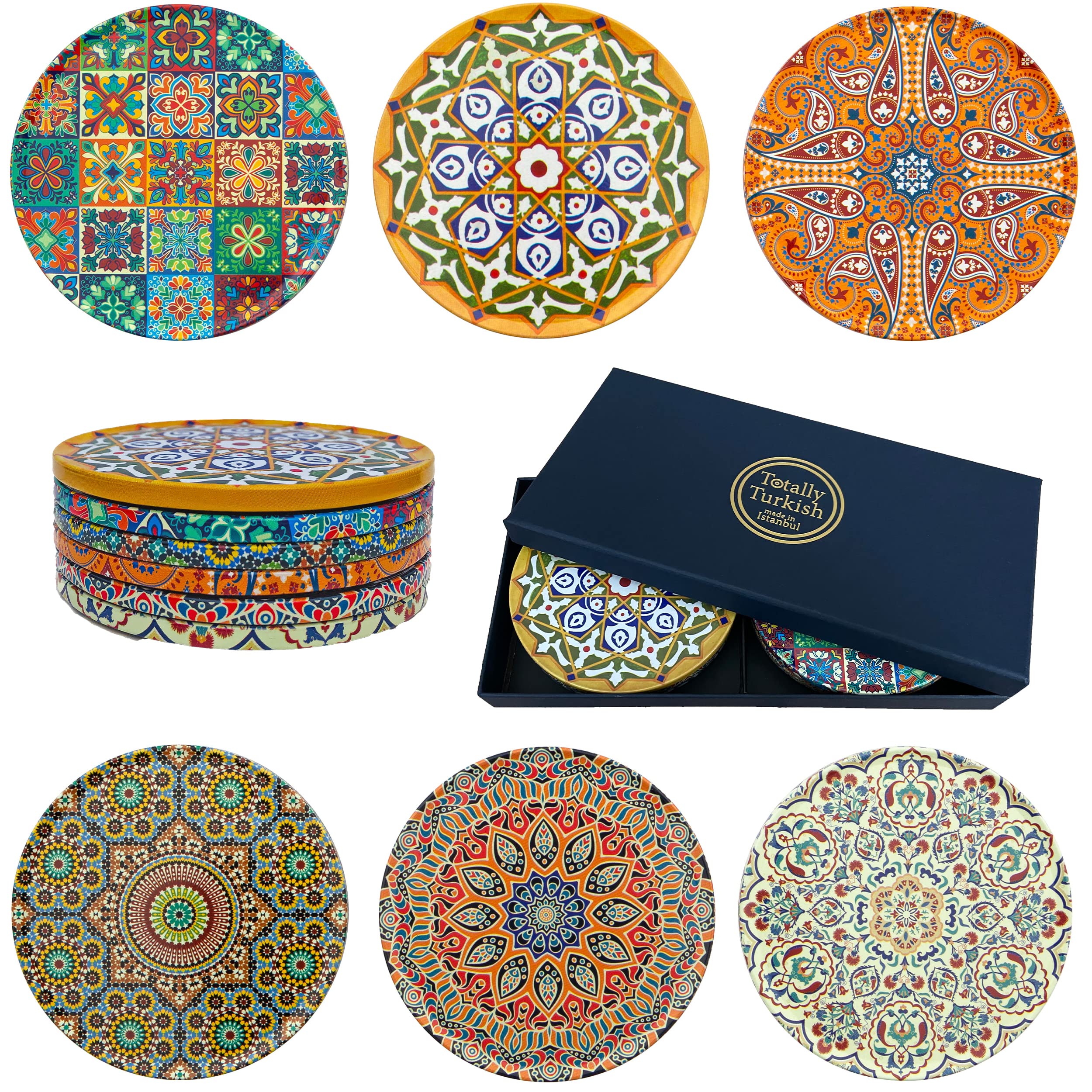 Totally Turkish – Patterned Drink Coasters Set of 6 – Giftable Design Drinks Mat Set – Non-Scratch Top With Non-Slip Cork Base (Galata)