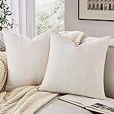 ZeeMart Linen Checked Throw Pillow Covers Set of 2, 18x18 Inch Ivory/Cream, Farmhouse Decorative Single Sided Grid Embroidered Couch Pillow Cases Off White Cotton Linen Cushion Covers