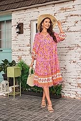 HECCPLI Women's Bohemian V Neck Floral Print A-line