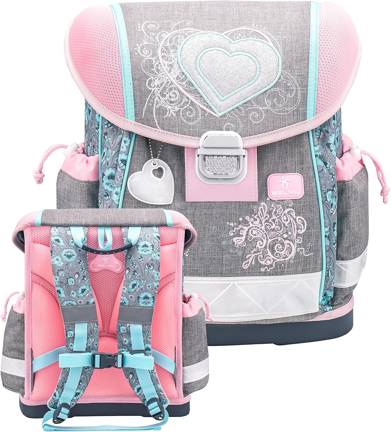 Belmil Ergonomische Schulranzen mit BRUSTGURT Mädchen 1. klasse 2. klasse 3. klasse - Super Leicht 900-960 g/Grundschule/Hertz Heart/Grau (403-13/O Trendy Love)