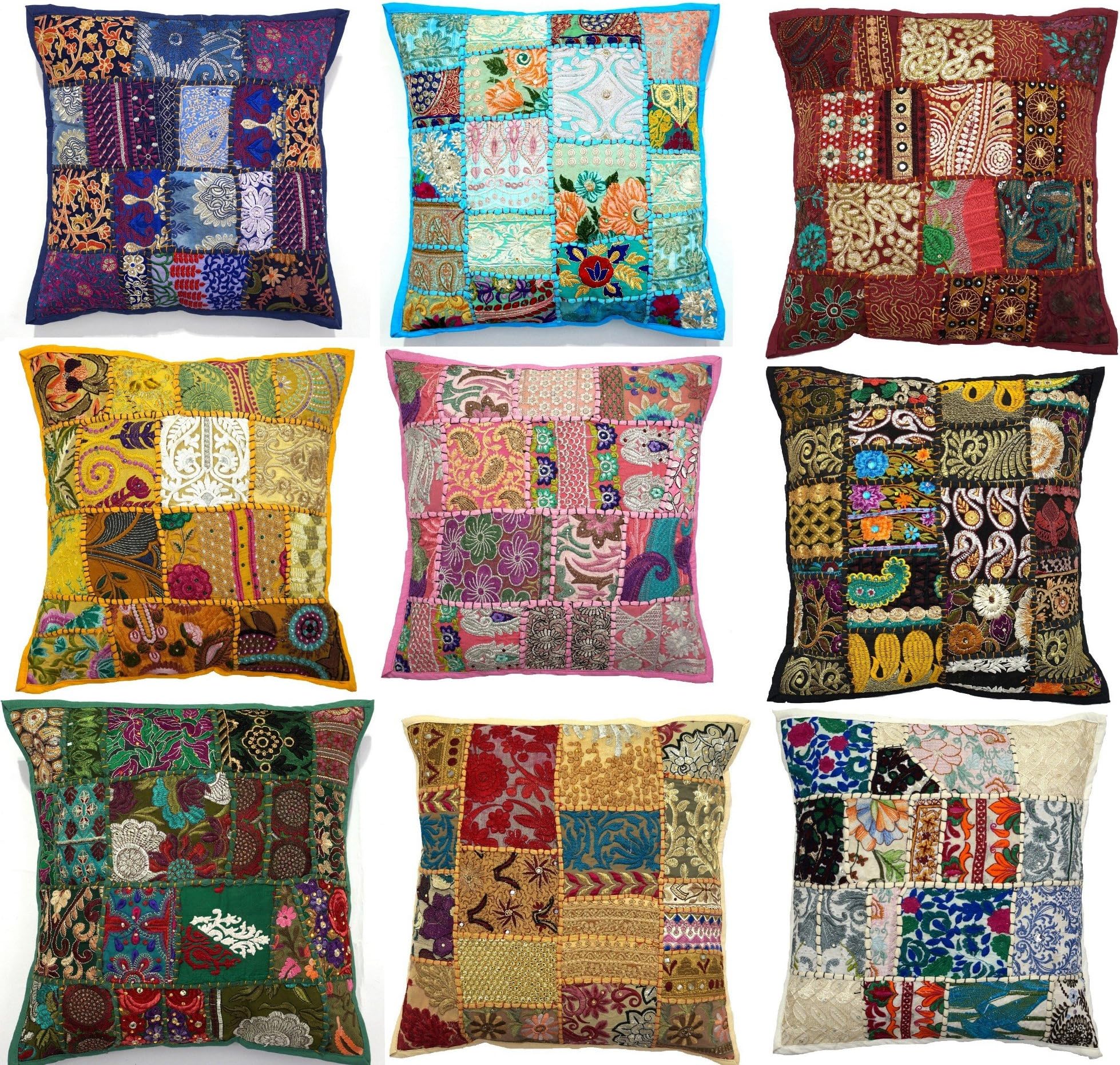 Manglam arts10 Pcs Patchwork Embroidered Handmade Pillow Cases, 17x17 Inch, Home Decor Cushion Cover