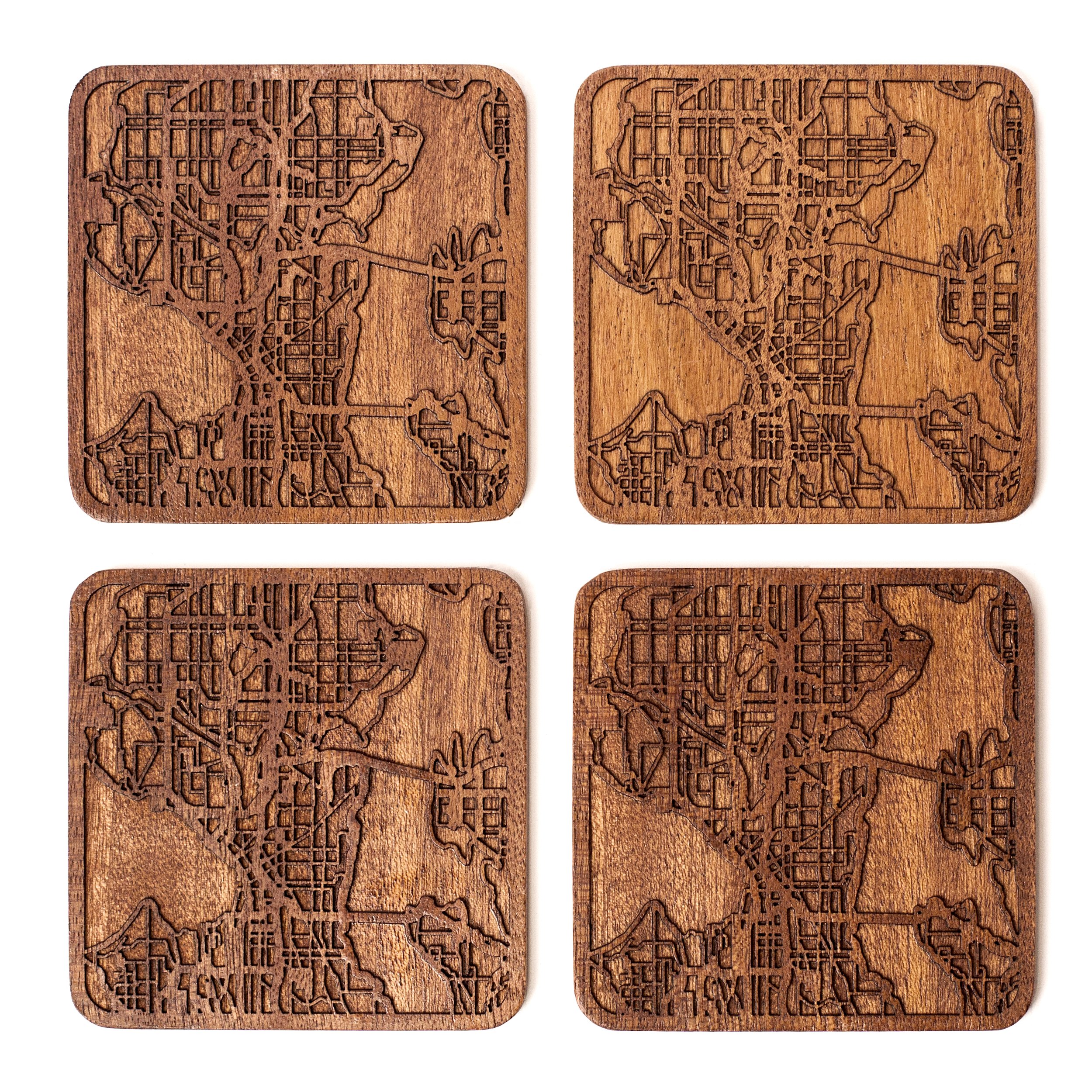 Seattle Map Coaster, Set of 4, Sapele Wooden Coaster with City Map, Handmade