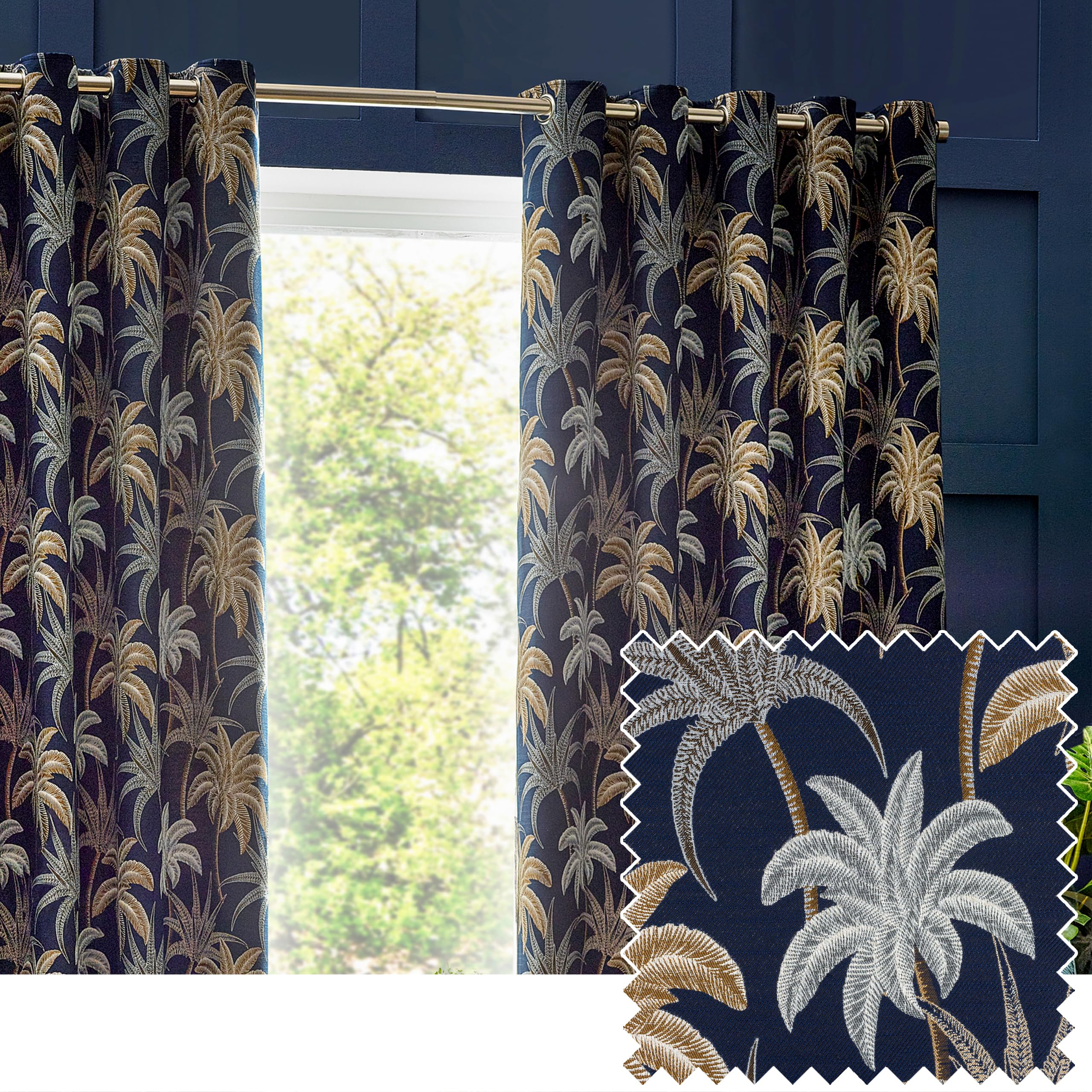 furn. Wylder Tropics Galapagos Jacquard Eyelet Curtains, 117cm x 183cm, Navy