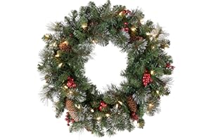 National Tree Company Pre-Lit Artificial Christmas Wreath, Green, Crestwood Spruce, White Lights, Decorated with Pine Cones, Berry Clusters, Christmas Collection, 24 Inches