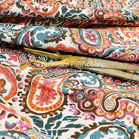 All Over Paisley Pattern Orange Blue Colour Chenille Upholstery
