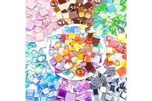 LATIIZ Glass Mosaic Tiles Crafts: 300 Pieces Bulk DIY Kit for Adults with Pre-Cut Mixed Shapes and Iridescent Crystals for Art Home Decor Garden Stepping Stones and Coasters