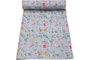 Marubhumi Indian Handmade Vintage Kantha Paradise Quilt, Reversible Kantha Quilt (Gray, Queen (90"x 108"))