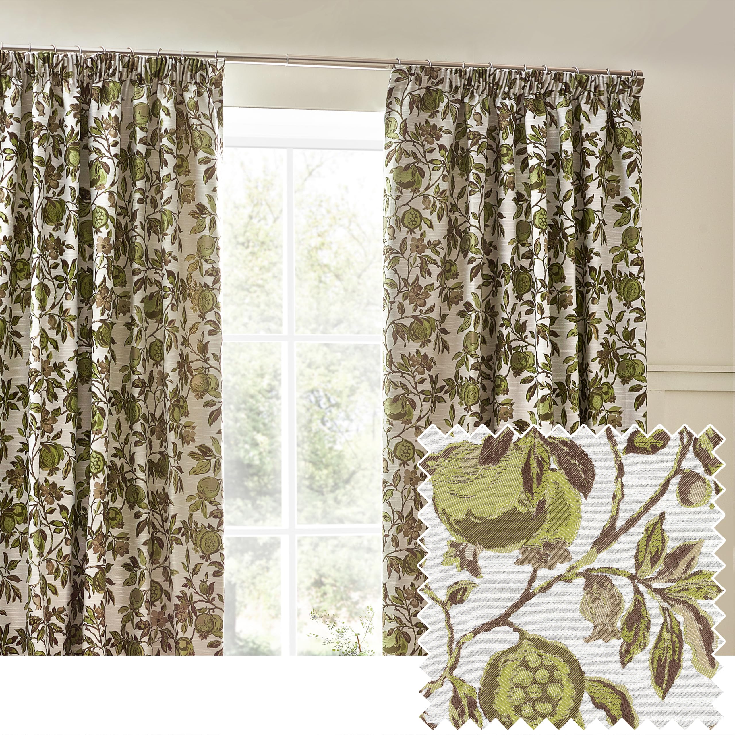 furn. Wylder Tropics Pomegranate Floral Jacquard Pencil Pleat Curtains - 2 Panels - Width x Drop - 117 x 183cm (46 x 72) - Green