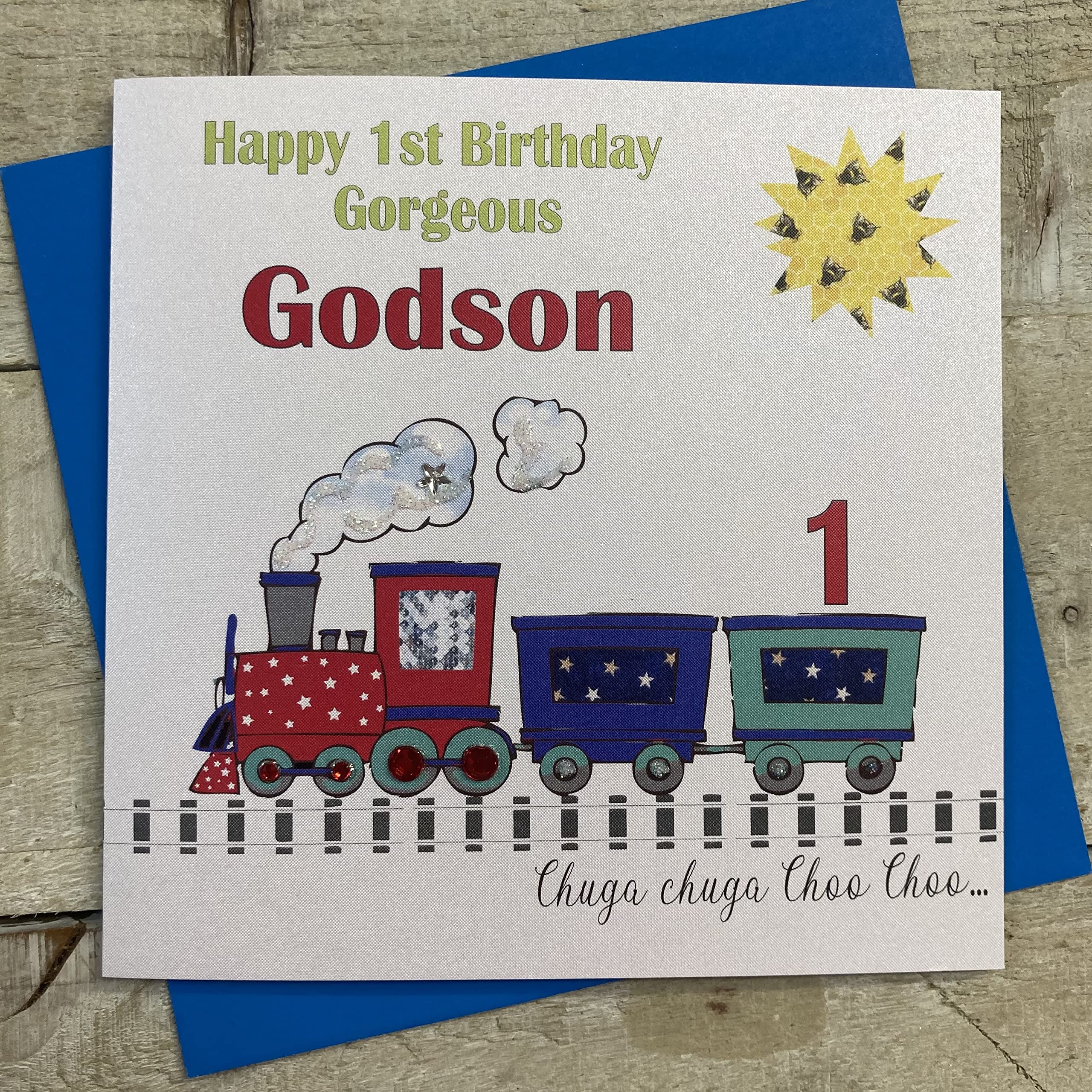 white cotton cards Handmade Gorgeous Godson 1 choo choo…choo choo Train 1st Birthday Card, White, N229