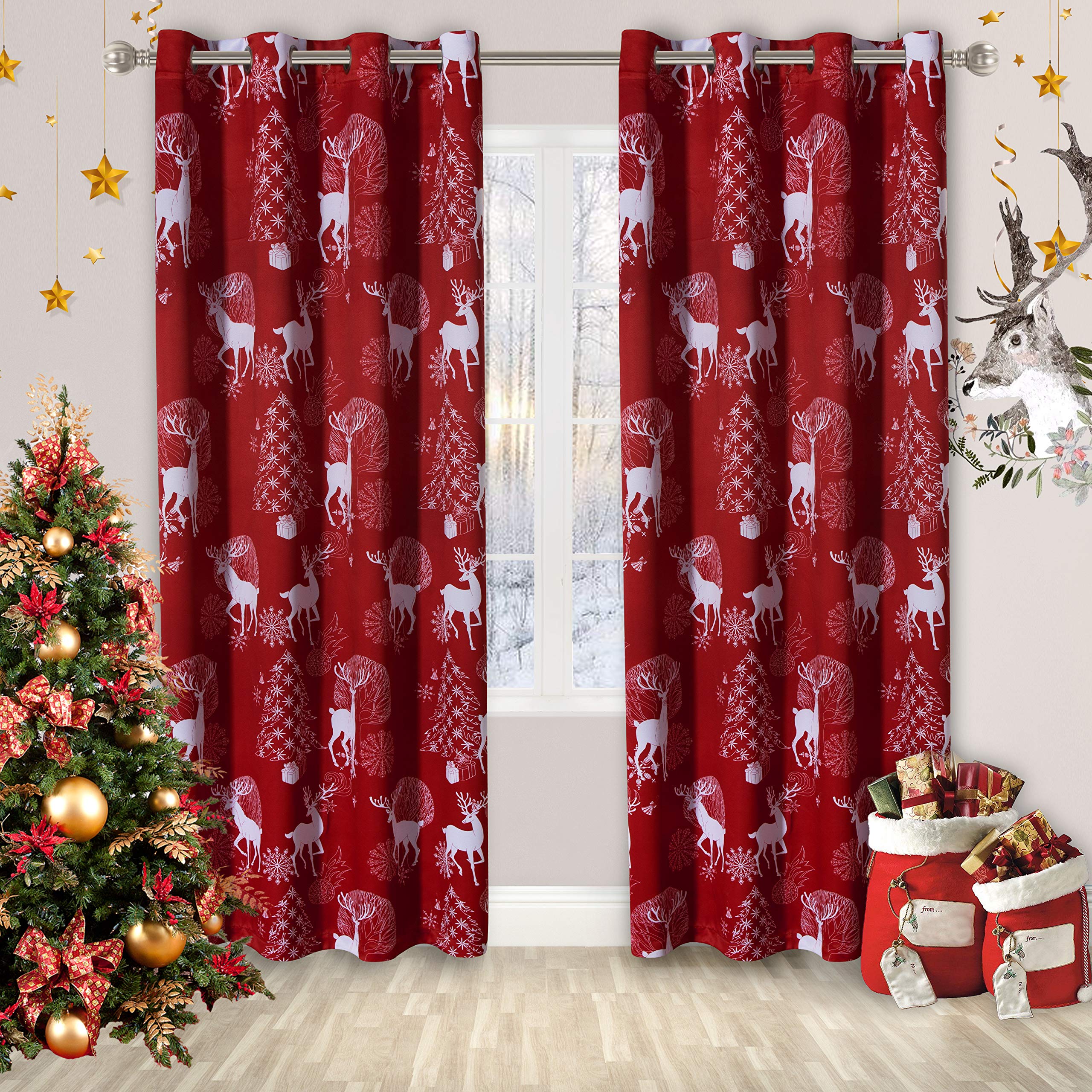 LORDTEX Deer & Snow Print Christmas Curtains for Living Room and Bedroom - Thermal Insulated Blackout Curtains, Noise Reducing Window Drapes, 52 x 95 Inches Long, Burgundy Red, 2 Curtain Panels