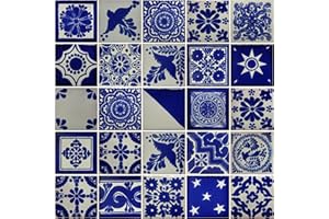 COLOR Y TRADICIÓN 25 Hand Painted Decorative Talavera Mexican Tiles 2"x2" White and Blue