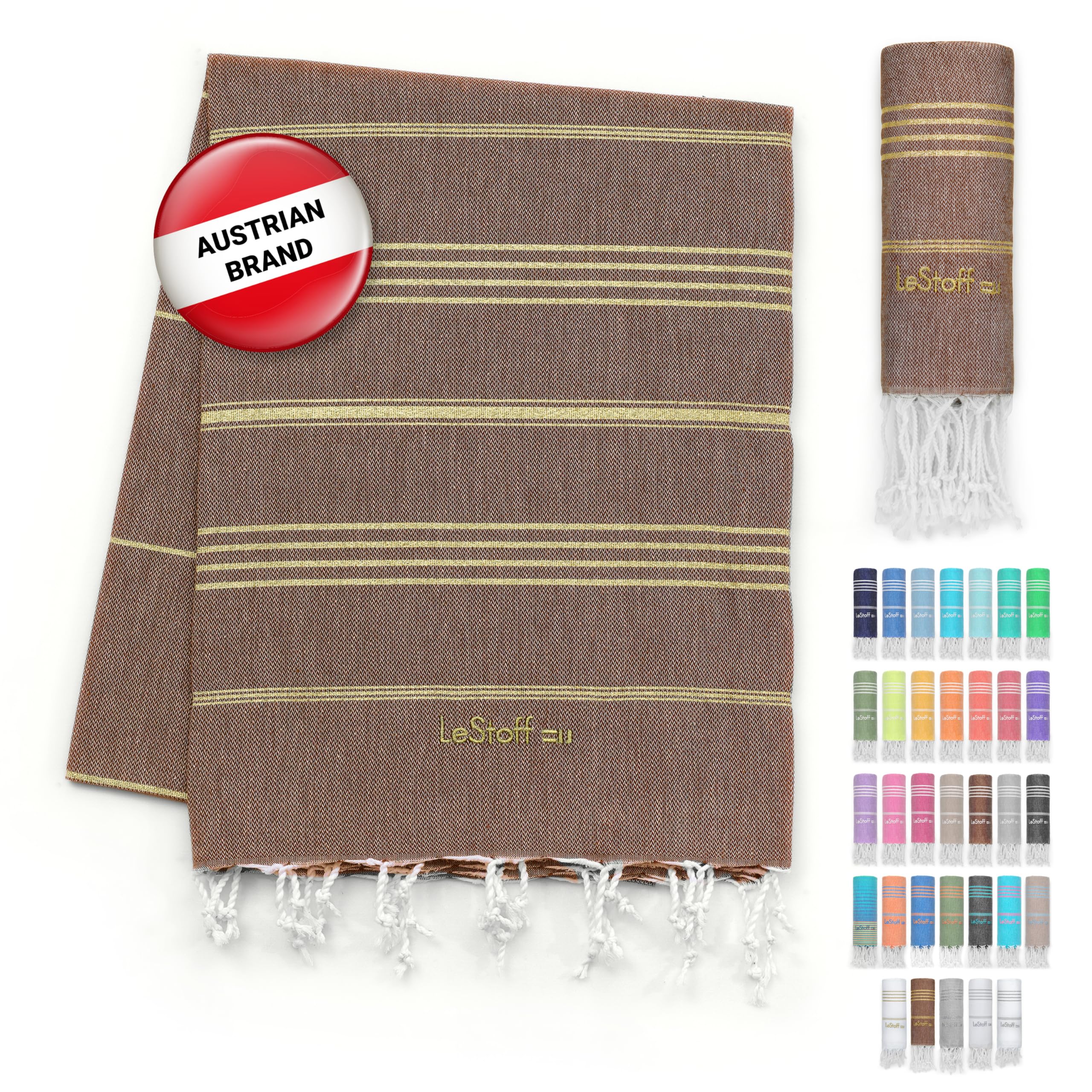 LeStoff Turkish Hammam Towel – 100% organic cotton, 95 x 180 cm, Pre-washed, Absorbent, Quick-drying, Lightweight, Turkish Towel, Hammam Beach Towel, Gym Towel, Beach Throw, Sauna Towel (Brown - Gold)