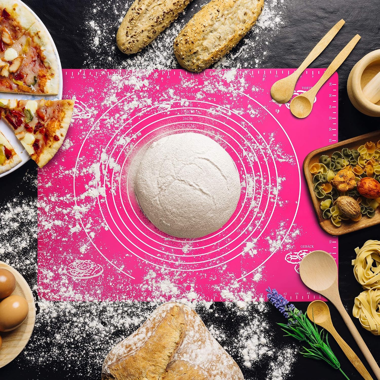Belmalia Large Dough Mat, Silicone Rolling Mat, Heat Resistant, Baking Mat for Pizza Fondant, Baking, Kitchen 50x40cm Pink - Image 3