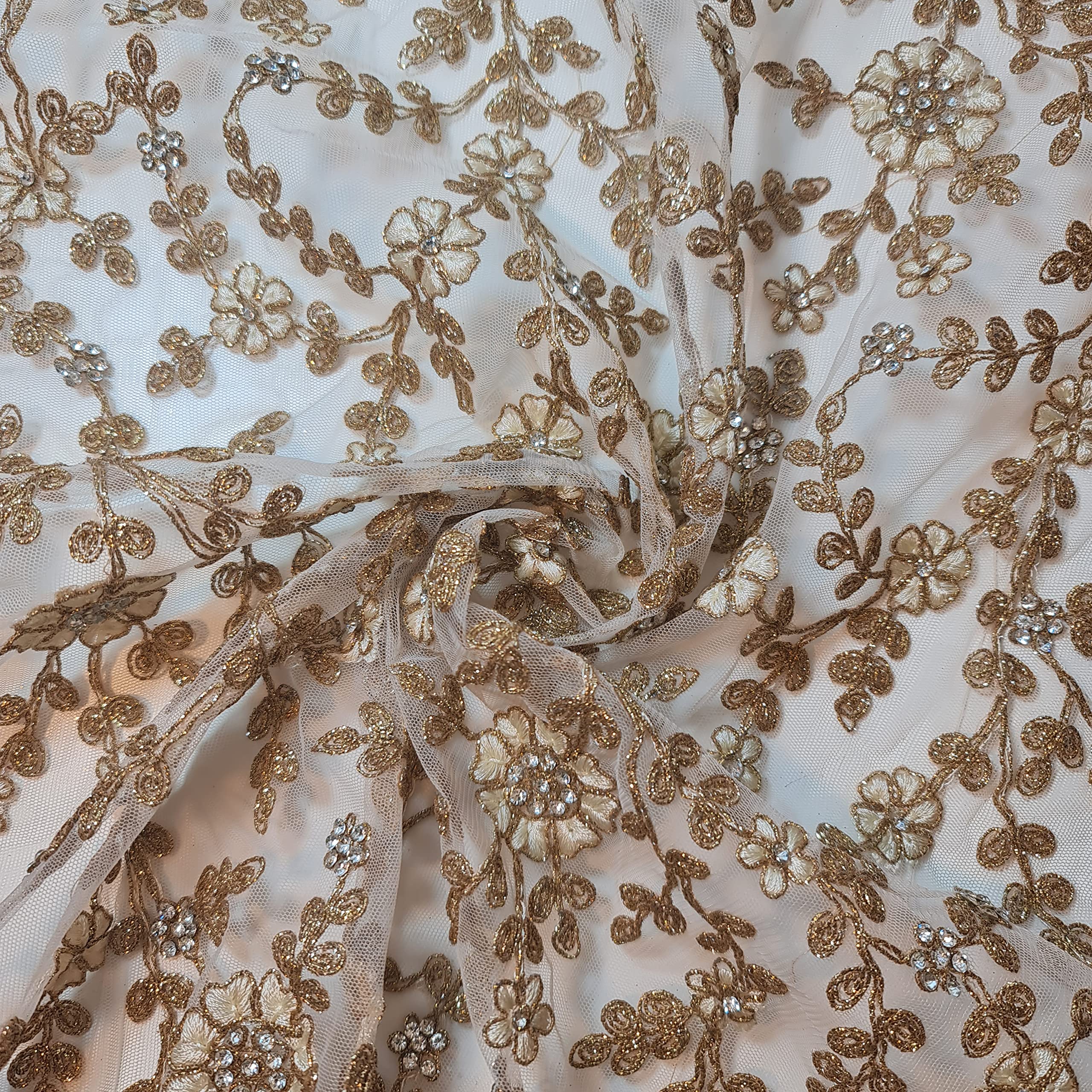 Novelty Floral Hand Embroidered Mesh Net Fabric 44" Pre Cut 1 Meter (Nude)