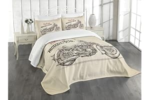 Ambesonne Motorcycle Bedspread, Hand Drawn Chopper Style Bike with Sketch Details Free Spirit of The Rider, Decorative Quilted 3 Piece Coverlet Set with 2 Pillow Shams, Queen Size, Beige Brown