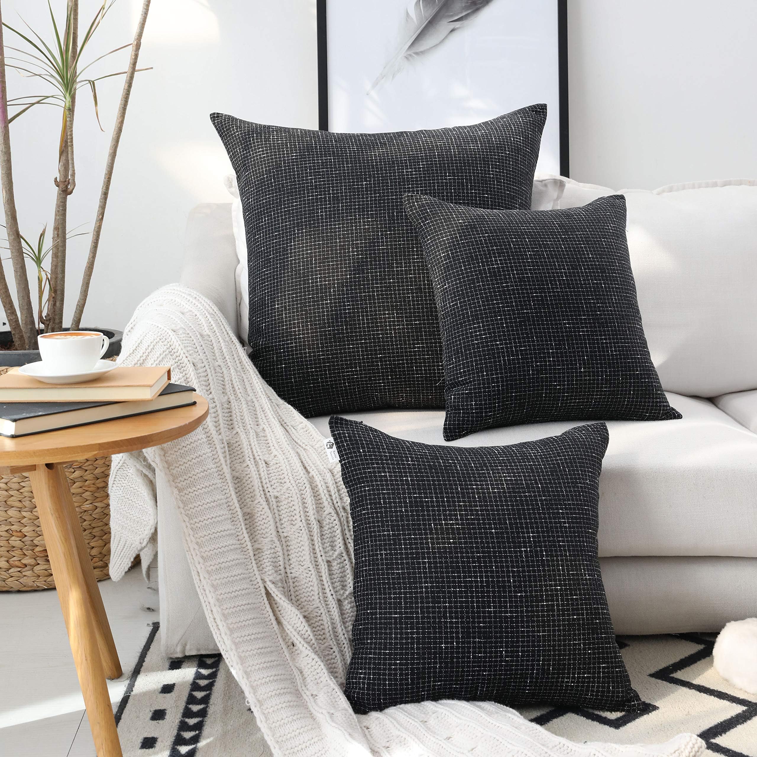 Kevin Textile Soft Solid Lined Linen Pillow Cover Durable Pillowcase Fashion Checkered Cushion Cover, 66 x 66 cm, Set of 2, Black