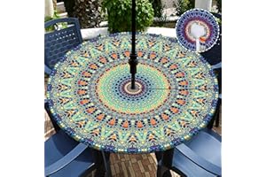 Buwuta Outdoor Tablecloth with Umbrella Hole Waterproof Round Fitted Tablecloth with Elastic Zippered Wipeable Table Cloth Round Cover for Picnic, Patio,Garden Fits to 36"-44" Patio Tables