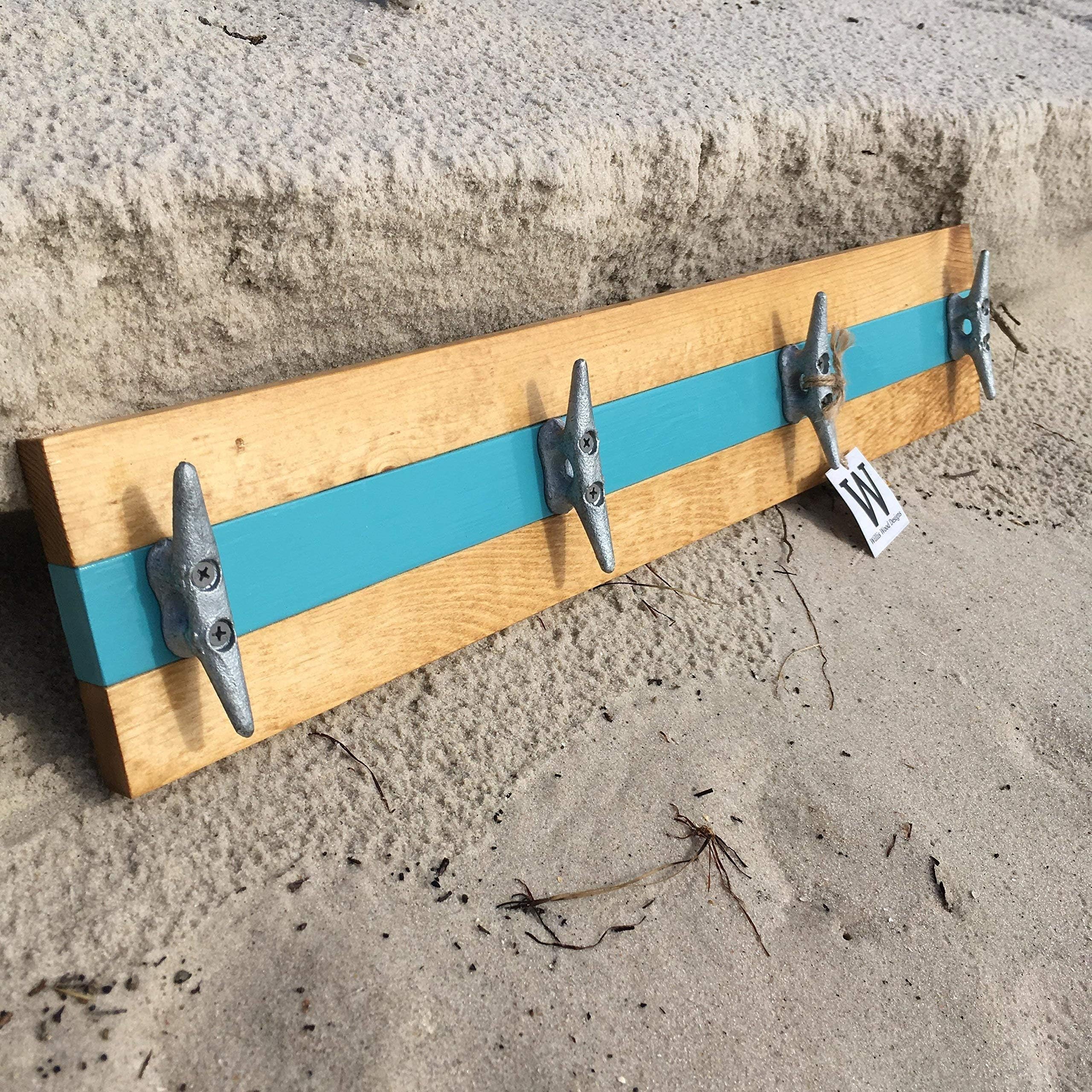 Nautical Boat Cleat Coat Rack, Towel Rack, or Hat Rack, Teal and Natural Pine