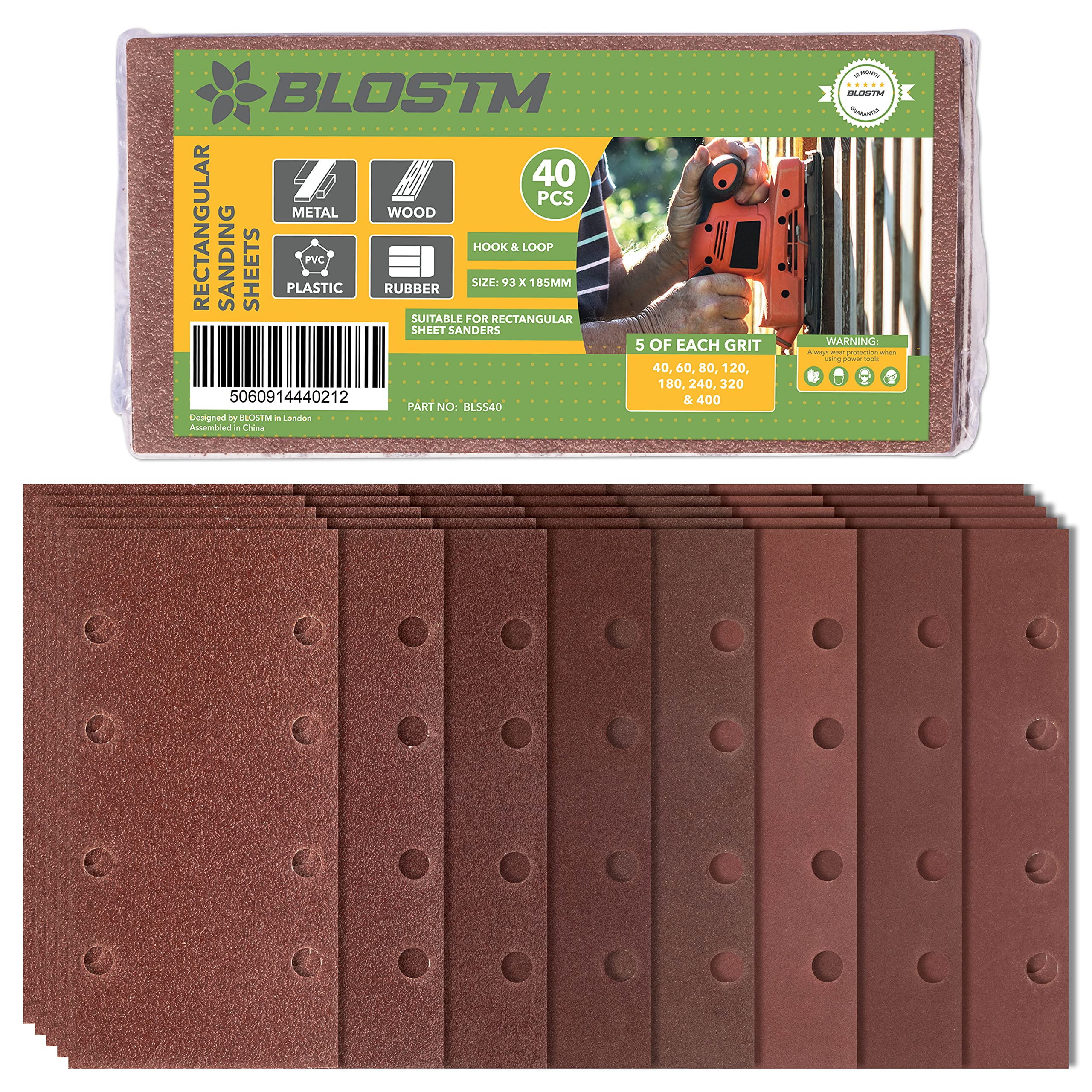 BLOSTM 40PCS Sandpaper for Electric Sander - Hook and Loop Sanding Pads Assorted 40/60/80/120/ 180/240/320/400 Grit Fit Rectangular Electric Sander - 93 x 185mm