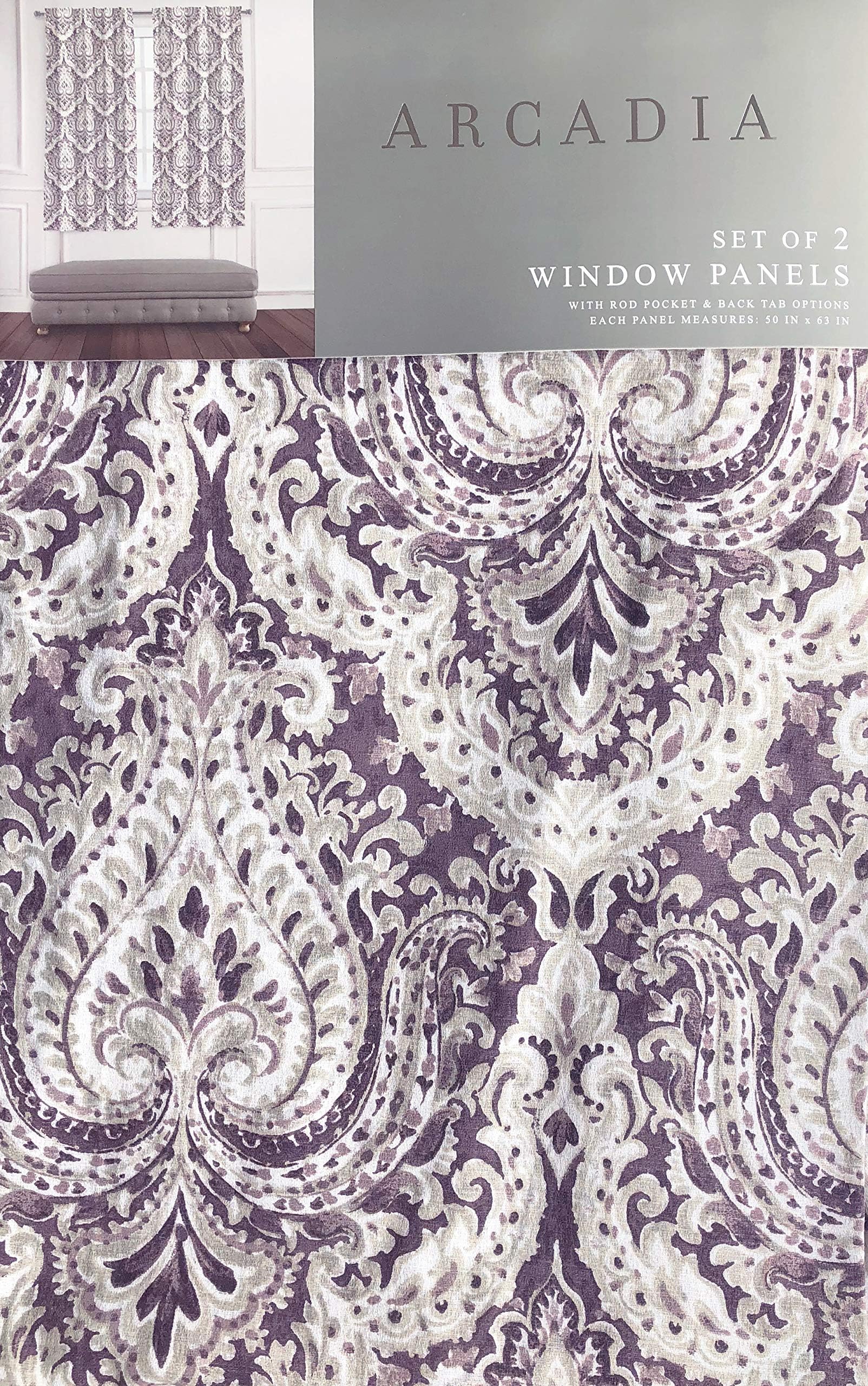 Arcadia Window Panels Draperies Rod Pocket Back Tab Curtains Set of 2 Elegant Damask Medallion Pattern in Shades of Purple Taupe Beige Cream - 50 Inches by 63 Inches