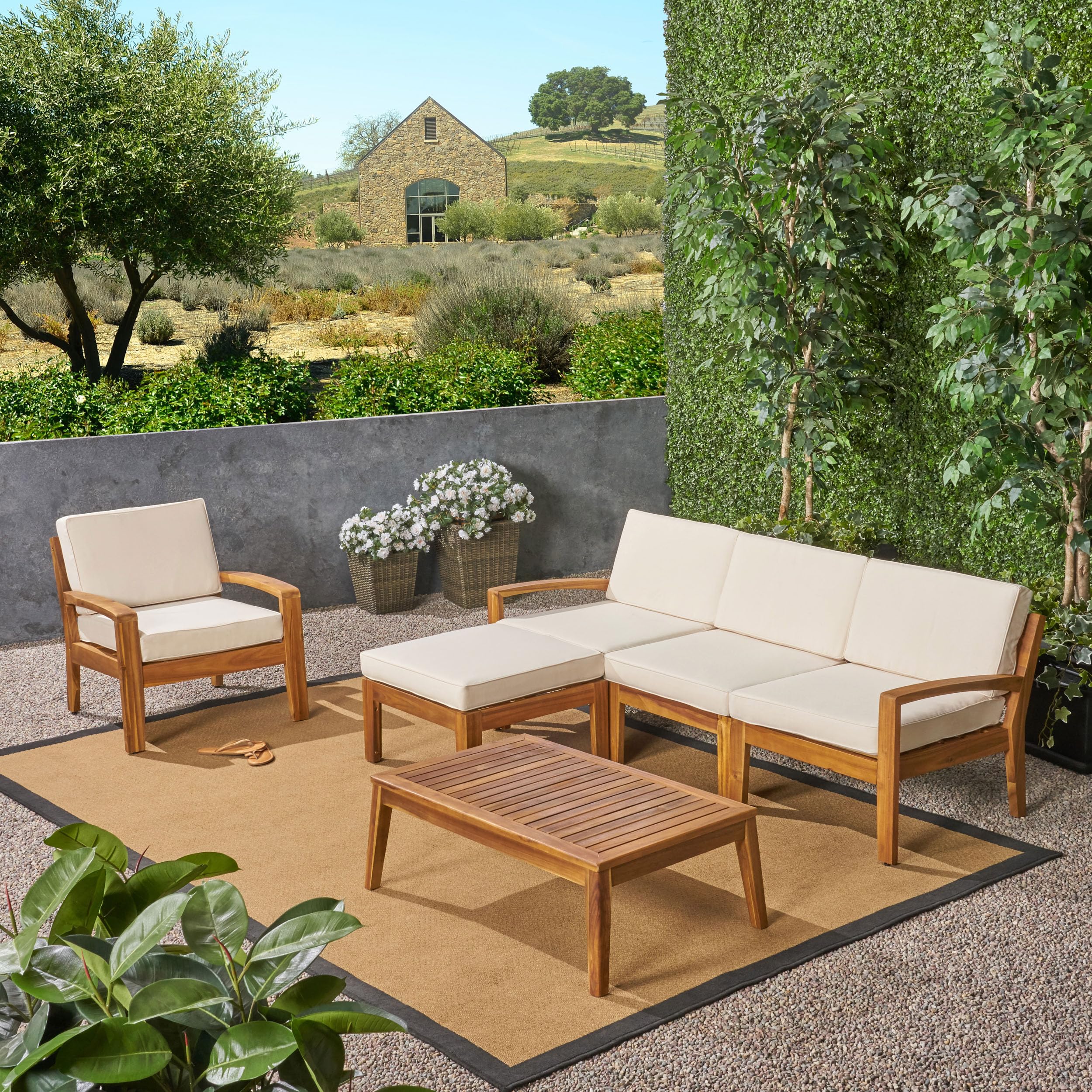 Photo 1 of ****It is used, it lacks feet, I don't know if it works 100%***Christopher Knight Home Outdoor Acacia Wood 4-Seater Sectional Conversation Set with Ottoman and Coffee Table, Teak Finish and Beige Cushions