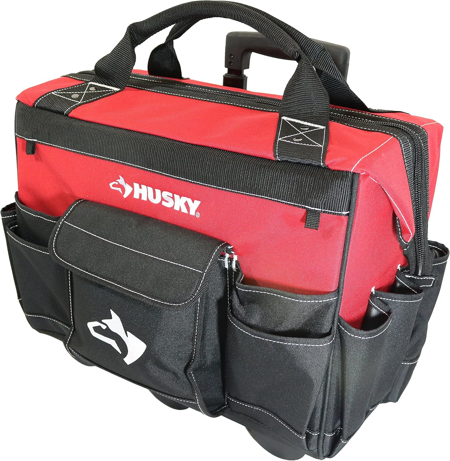 Husky 18 Inch 600Denier Red Water Resistant Contractor’s Rolling Tool Tote Bag w/ Telescoping